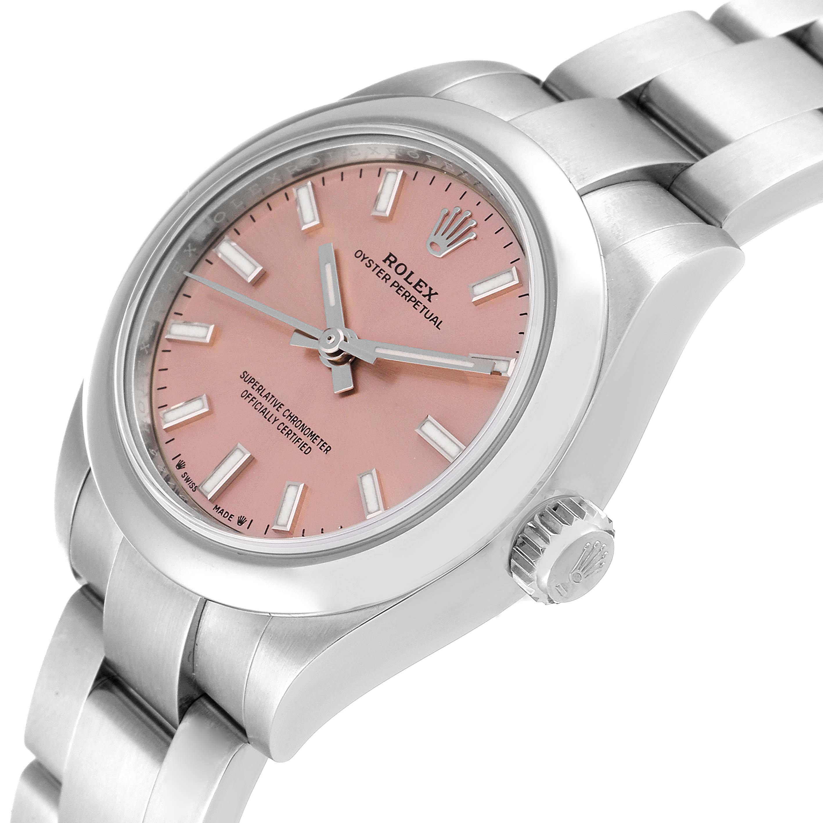 This image shows a close-up angle of a Rolex Oyster Perpetual 276200 Women
s Stainless Steel Pink Dial 276200 Women
s Stainless Steel Pink Dial watch, highlighting the pink dial, crown, and part of the bracelet.