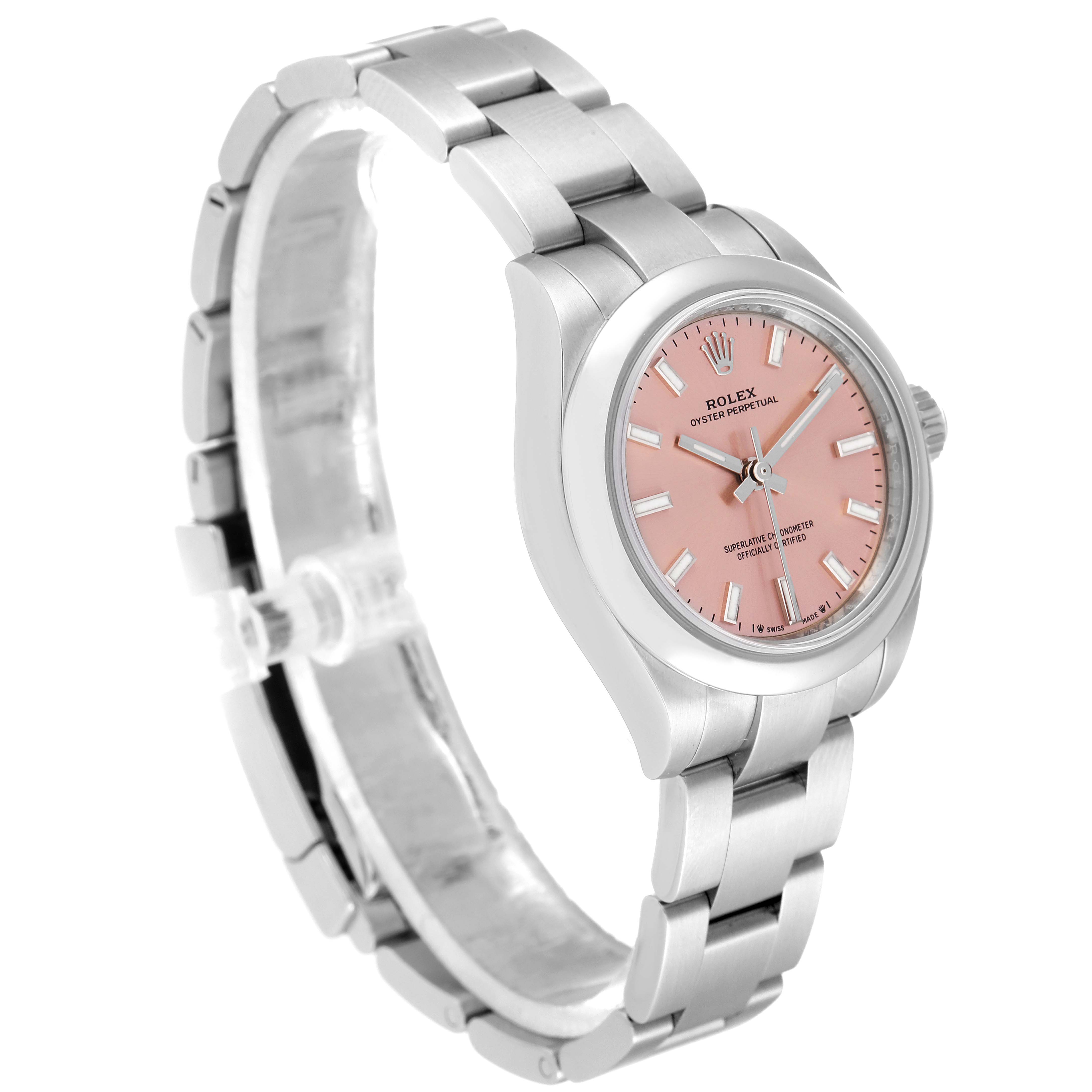 This image shows a Rolex Oyster Perpetual 276200 Women
s Stainless Steel Pink Dial 276200 Women
s Stainless Steel Pink Dial watch at a slight side angle, featuring its bracelet band and pink dial.