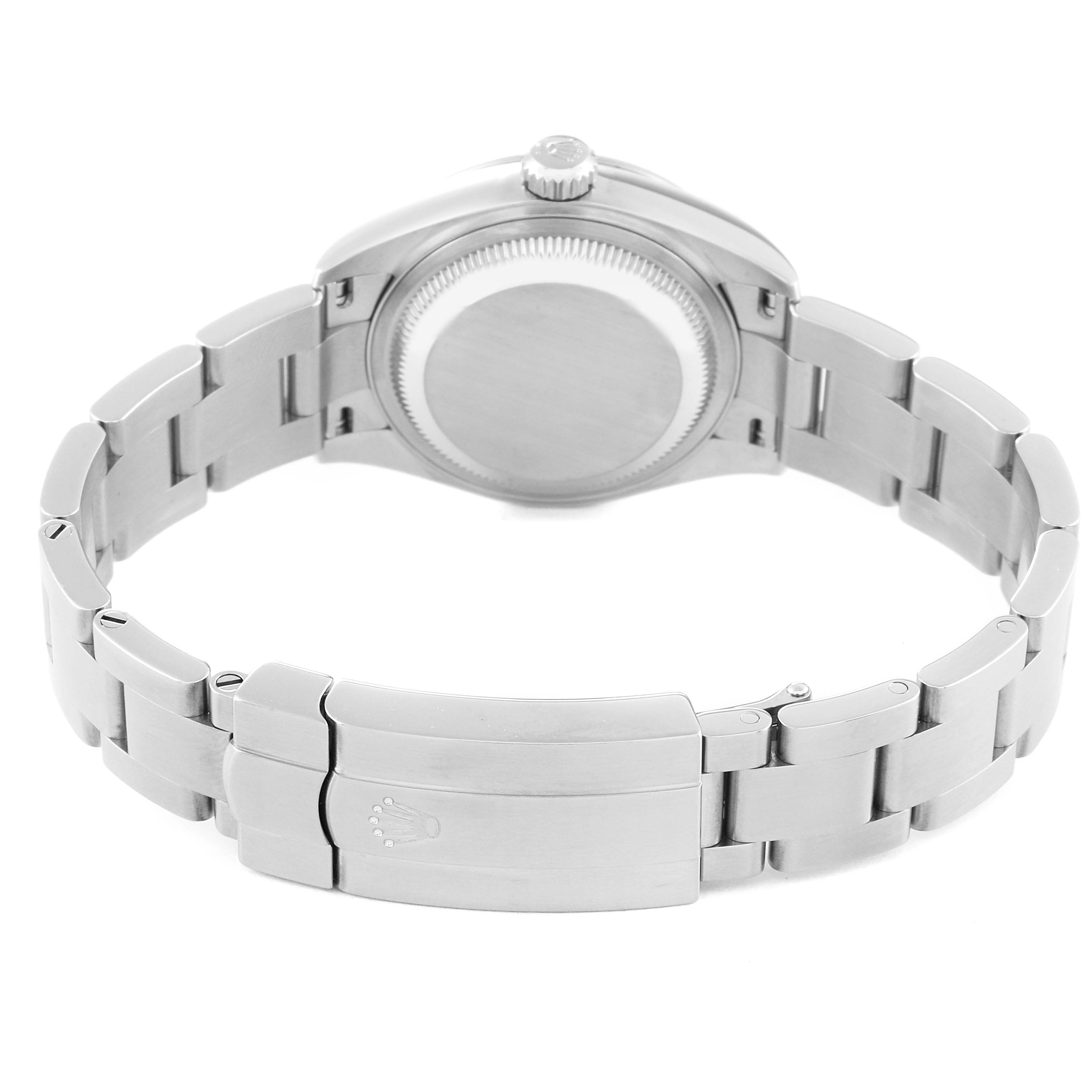 The image shows the back and bracelet of a Rolex Oyster Perpetual 276200 Women
s Stainless Steel Pink Dial 276200 Women
s Stainless Steel Pink Dial watch, highlighting its clasp and caseback.