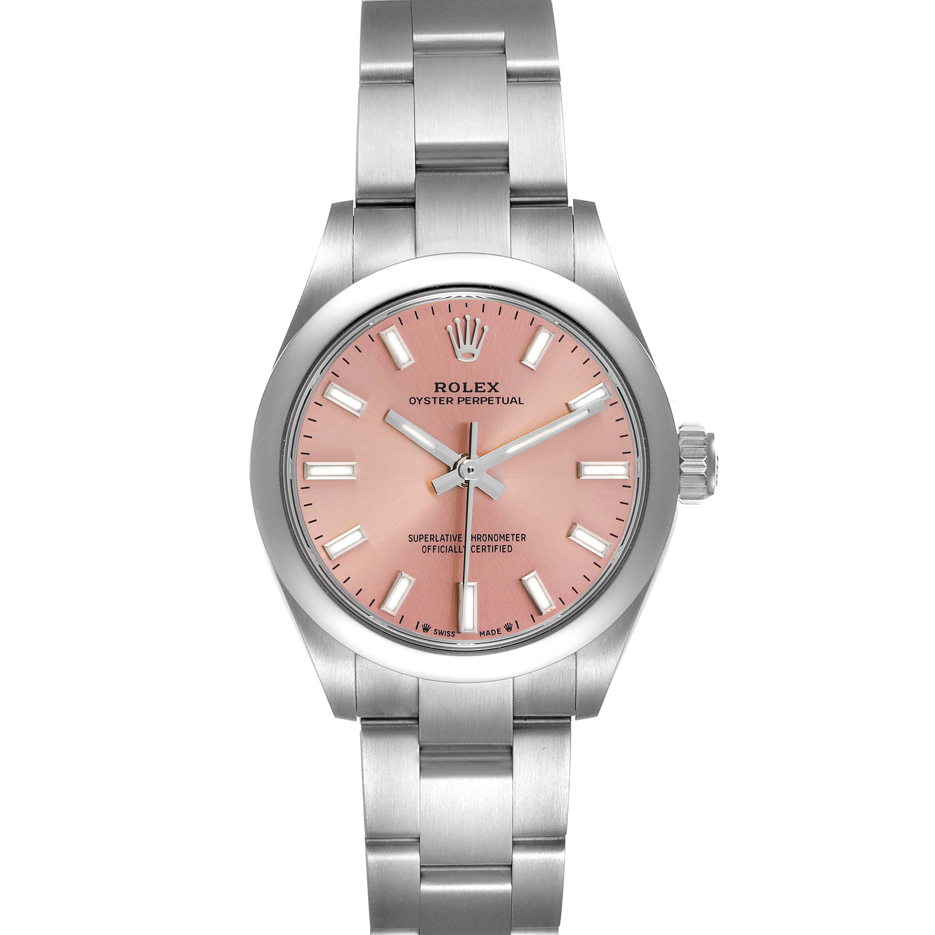 The image shows a frontal view of the Rolex Oyster Perpetual 276200 Women
s Stainless Steel Pink Dial 276200 Women
s Stainless Steel Pink Dial watch with a pink dial and silver bracelet.