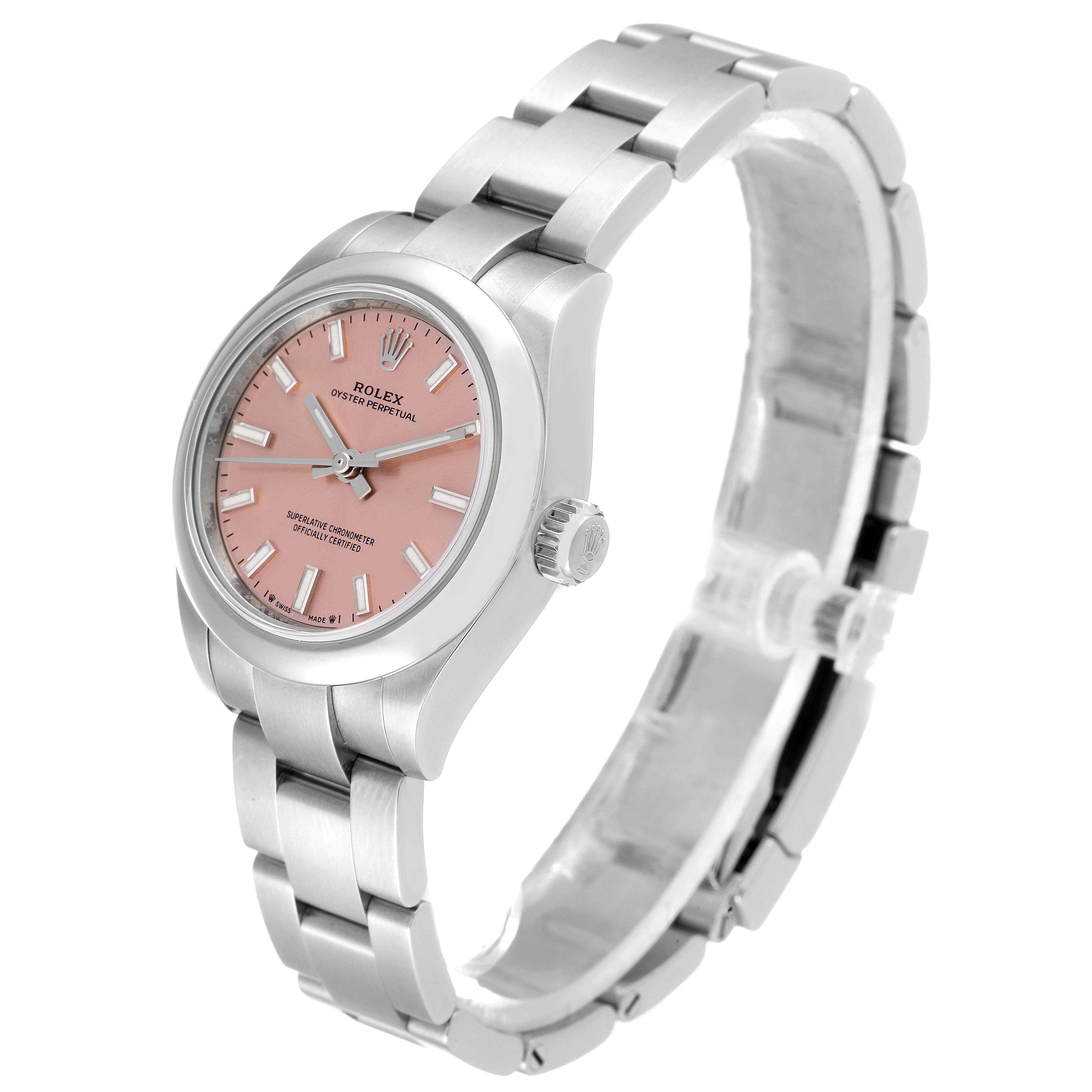 The Rolex Oyster Perpetual 276200 Women
s Stainless Steel Pink Dial 276200 Women
s Stainless Steel Pink Dial watch is shown at an angle displaying the face, bezel, and bracelet, featuring a pink dial.