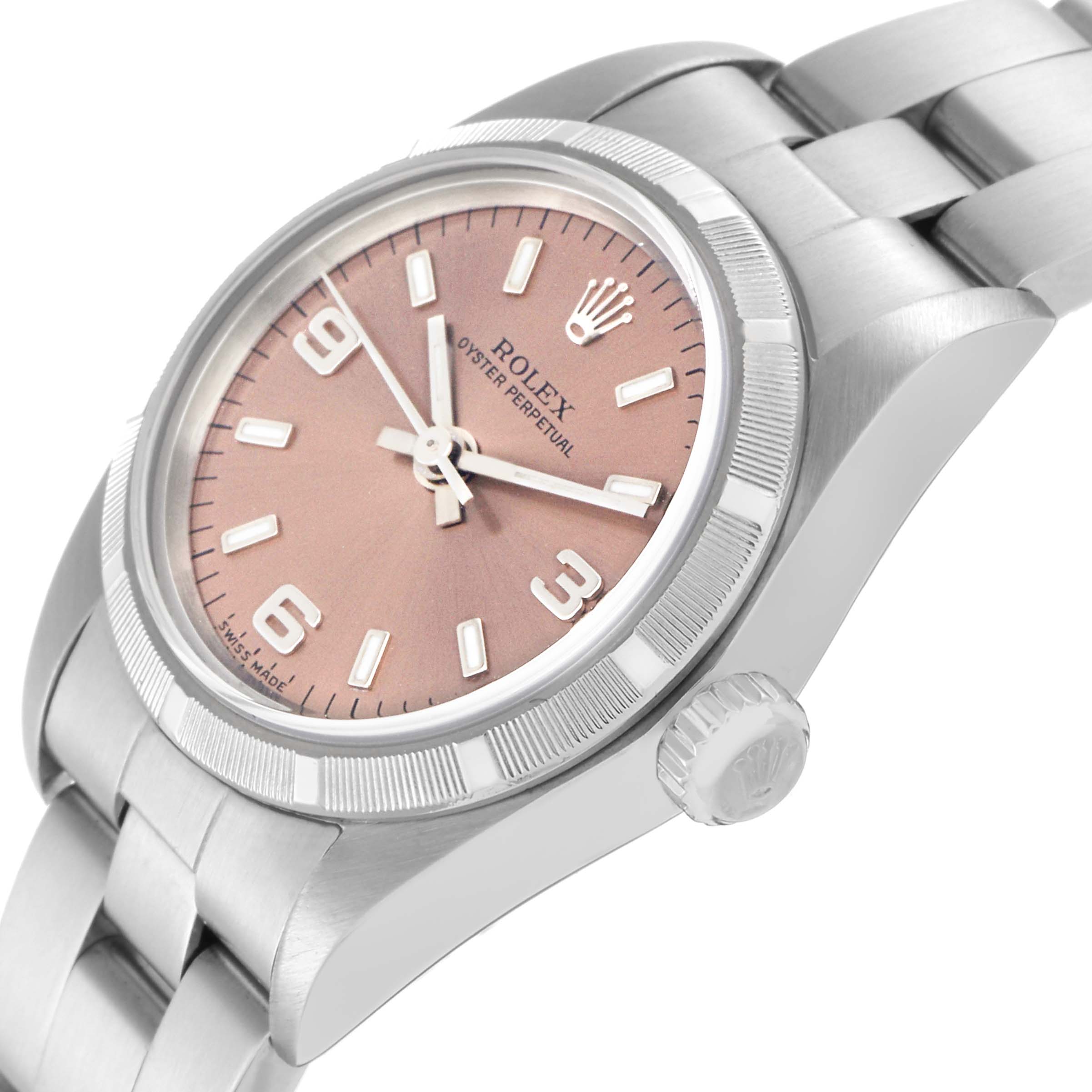 The Rolex Oyster Perpetual 76030 Women's Stainless Steel Pink Dial 76030 Women's Stainless Steel Pink Dial watch is shown at an angled side view, displaying the case, crown, bracelet, and face with indices.