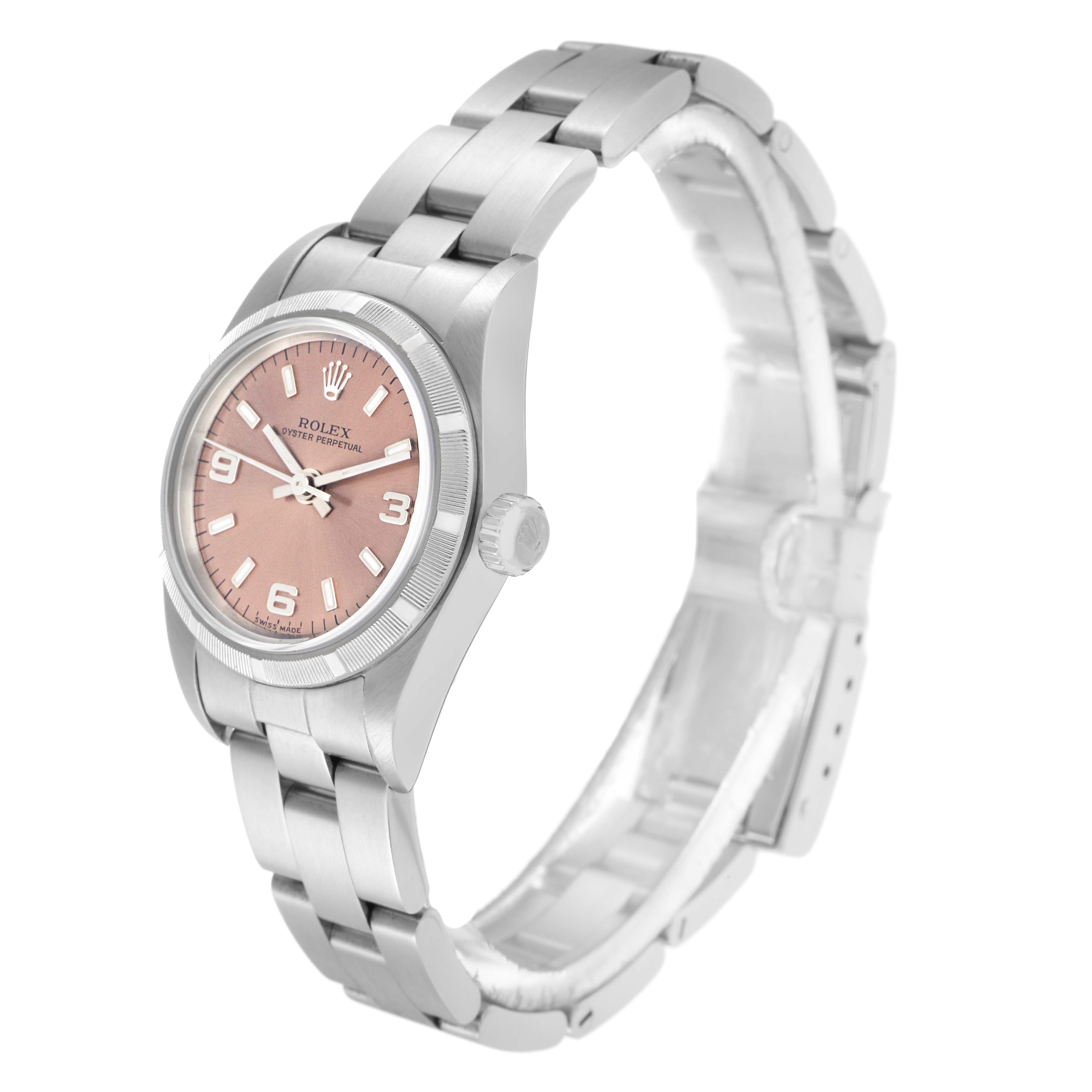 The Rolex Oyster Perpetual 76030 Women's Stainless Steel Pink Dial 76030 Women's Stainless Steel Pink Dial watch is shown at a three-quarter angle displaying the face, bezel, crown, and bracelet links.