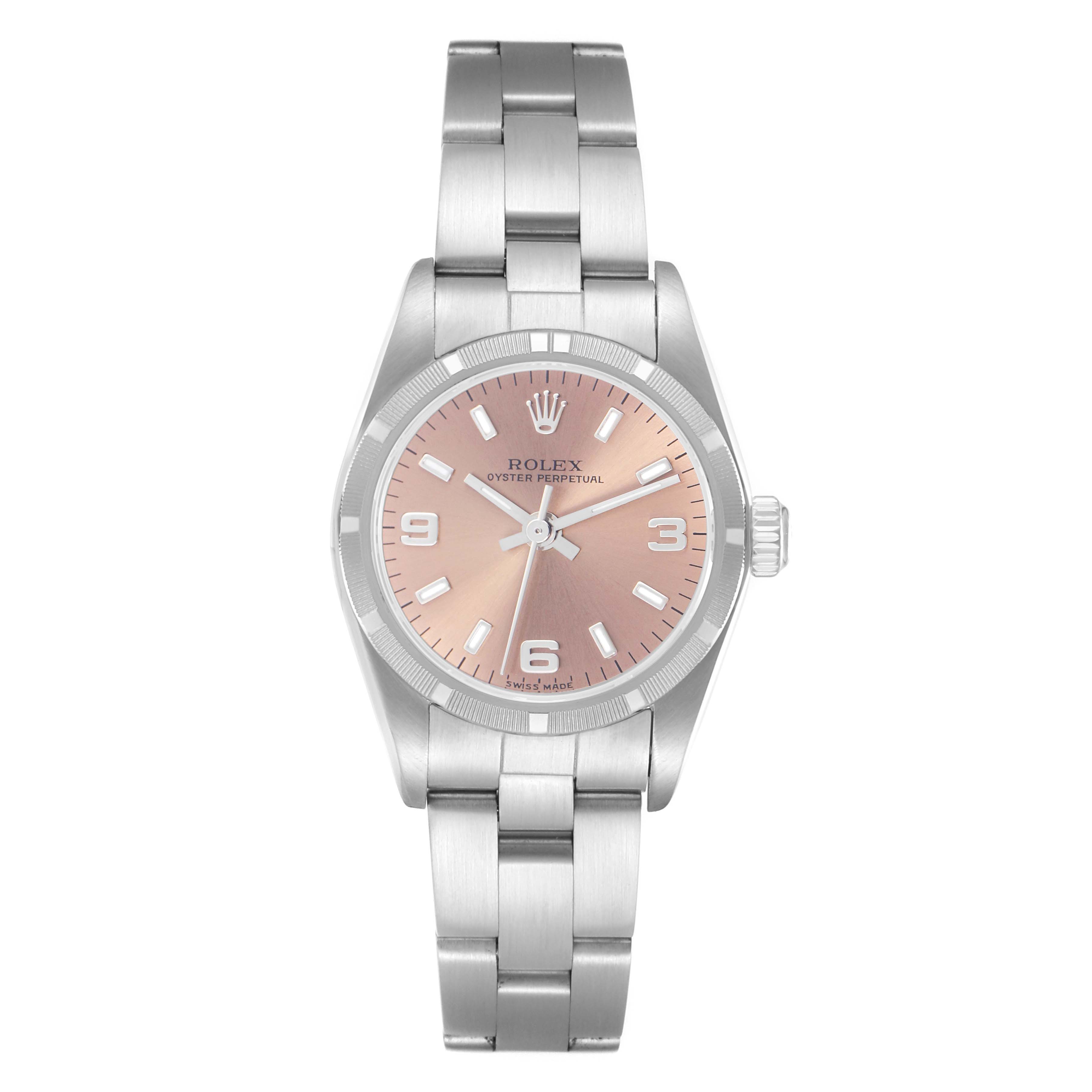 The image shows a front view of the Rolex Oyster Perpetual 76030 Women's Stainless Steel Pink Dial 76030 Women's Stainless Steel Pink Dial watch, displaying the face, bezel, and bracelet.