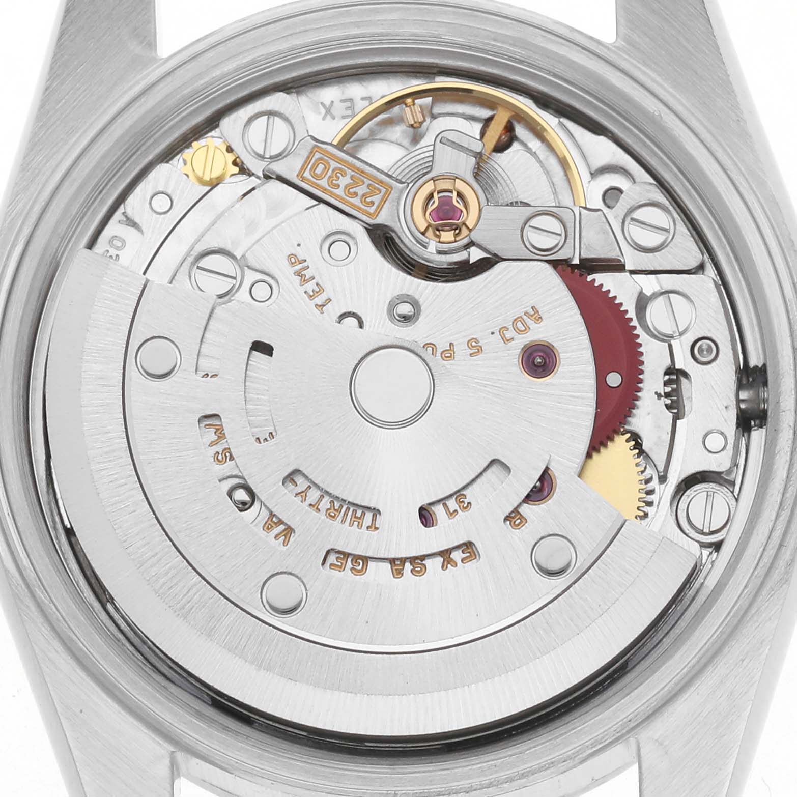 The image shows the back view of a Rolex Oyster Perpetual 76030 Women's Stainless Steel Pink Dial 76030 Women's Stainless Steel Pink Dial watch, highlighting its internal mechanical movement.