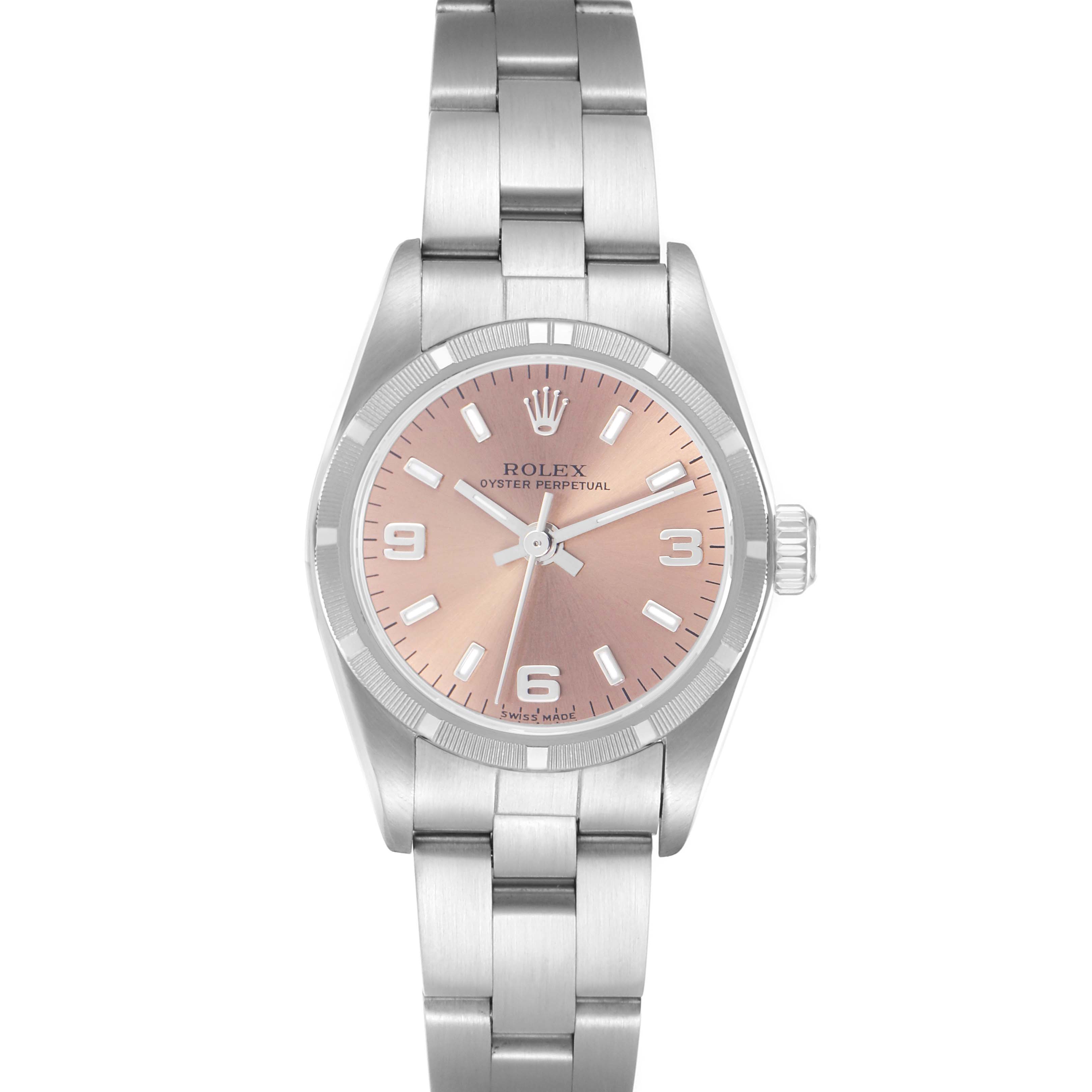 The Rolex Oyster Perpetual 76030 Women's Stainless Steel Pink Dial 76030 Women's Stainless Steel Pink Dial watch is shown from a top-down angle, highlighting the face, case, and bracelet.