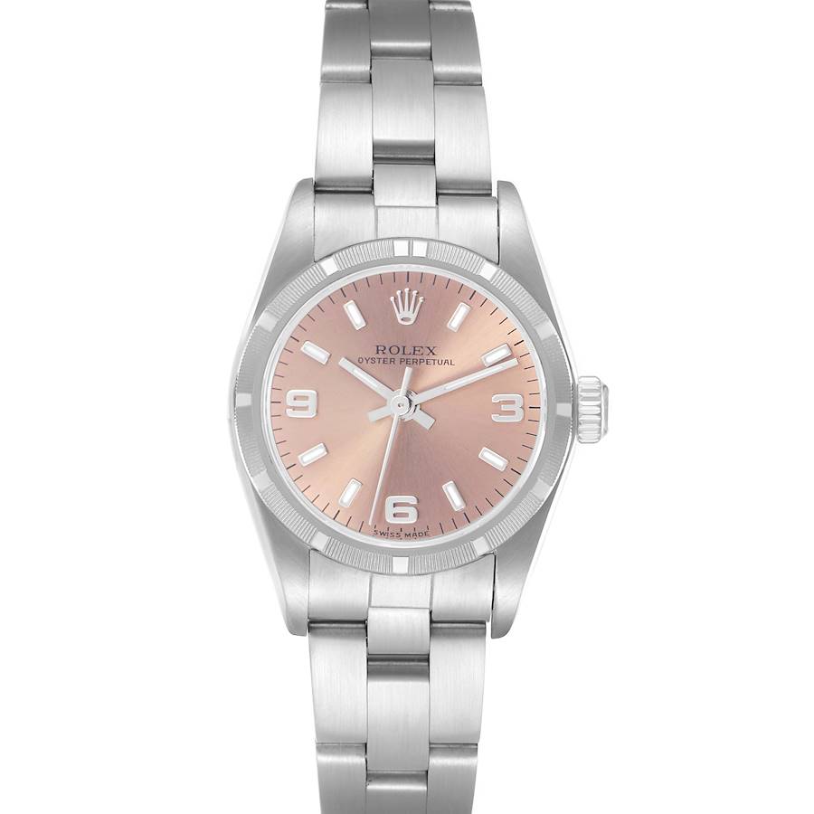 The Rolex Oyster Perpetual watch is shown from a top-down angle, highlighting the face, case, and bracelet.