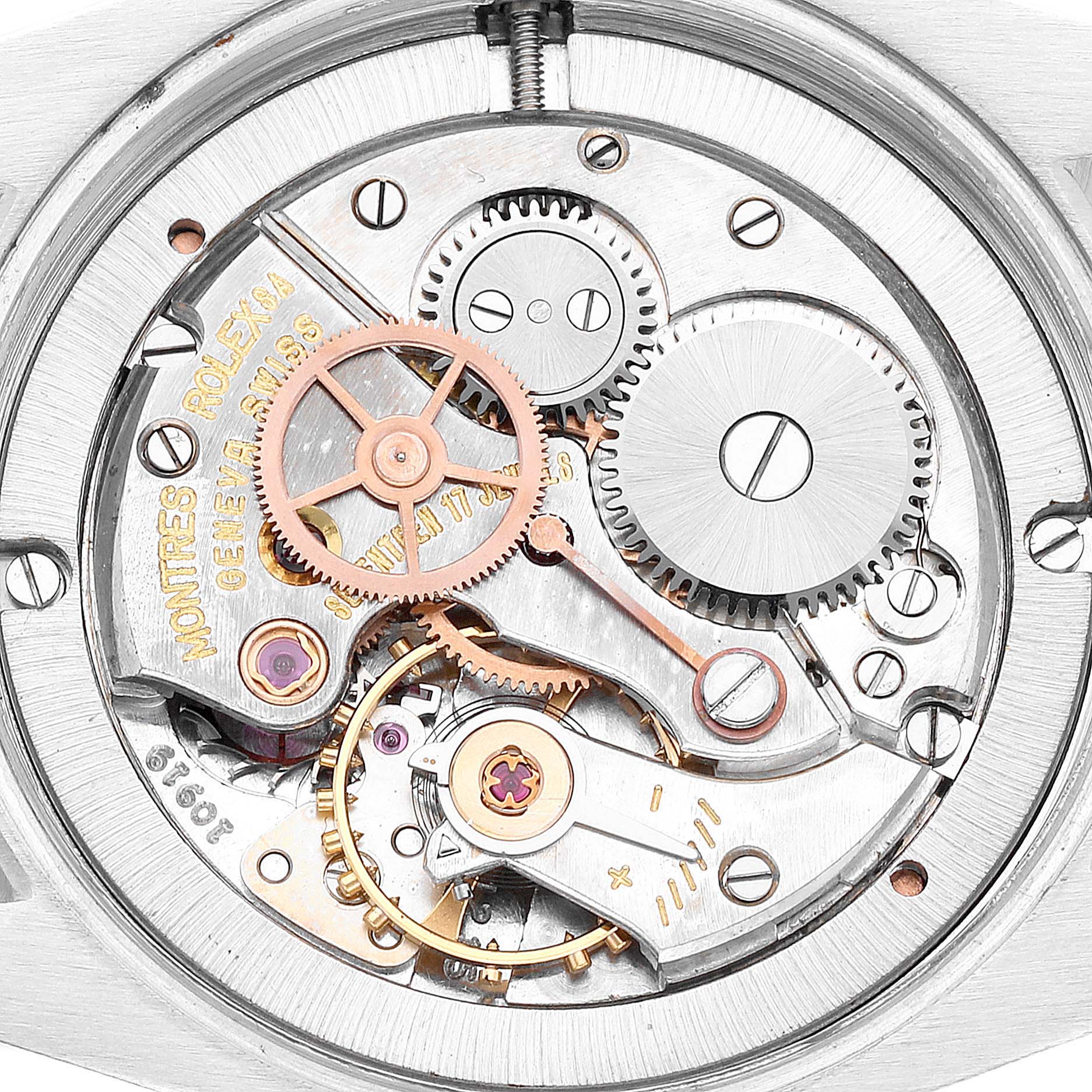 The image shows the inner mechanical movement from a rear angle of the Vintage Collection model by Rolex.