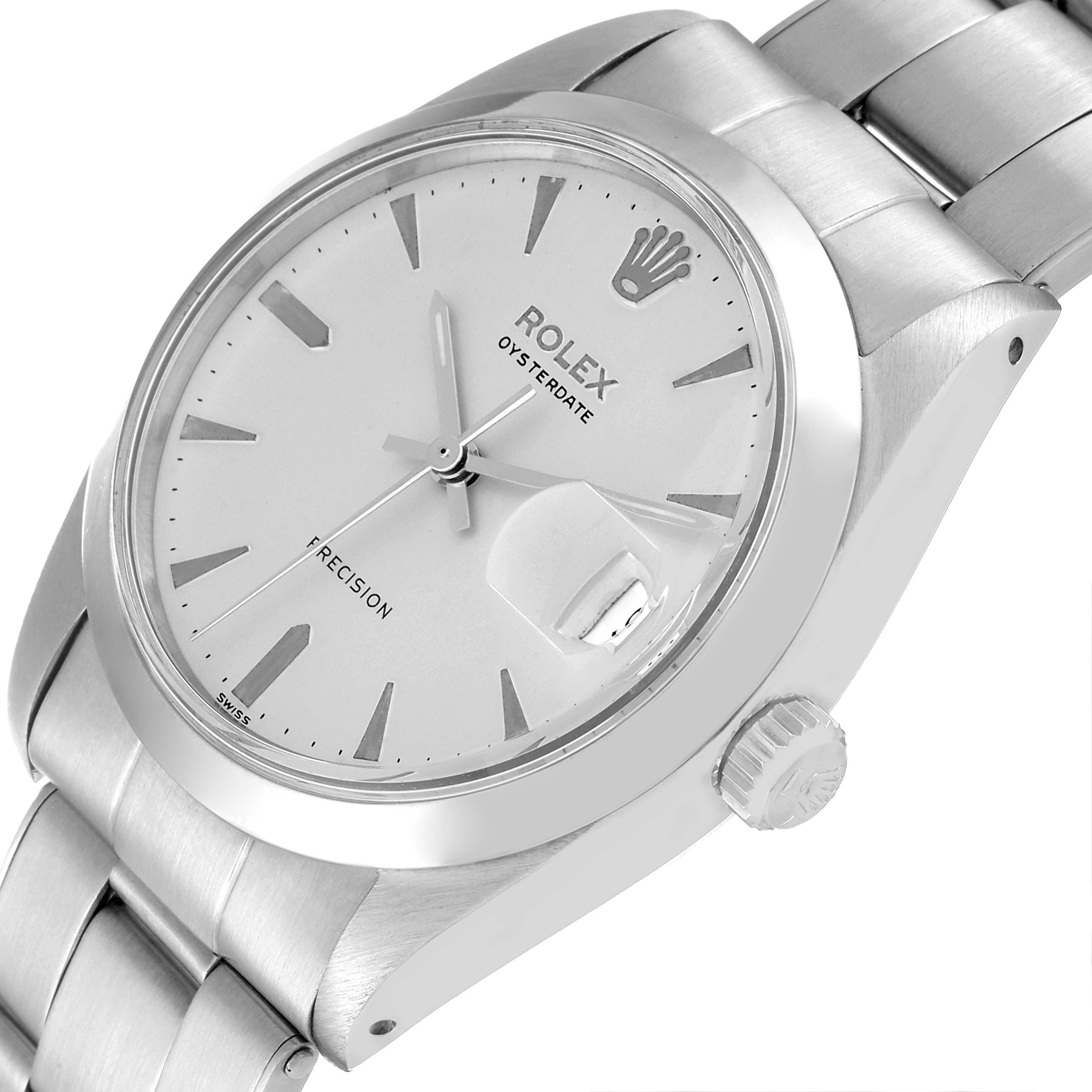The image shows a side angle of a Rolex Vintage Collection 6694 Men
s Stainless Steel Silver Dial 6694 Men
s Stainless Steel Silver Dial Oysterdate watch, highlighting the dial, bracelet, and crown.