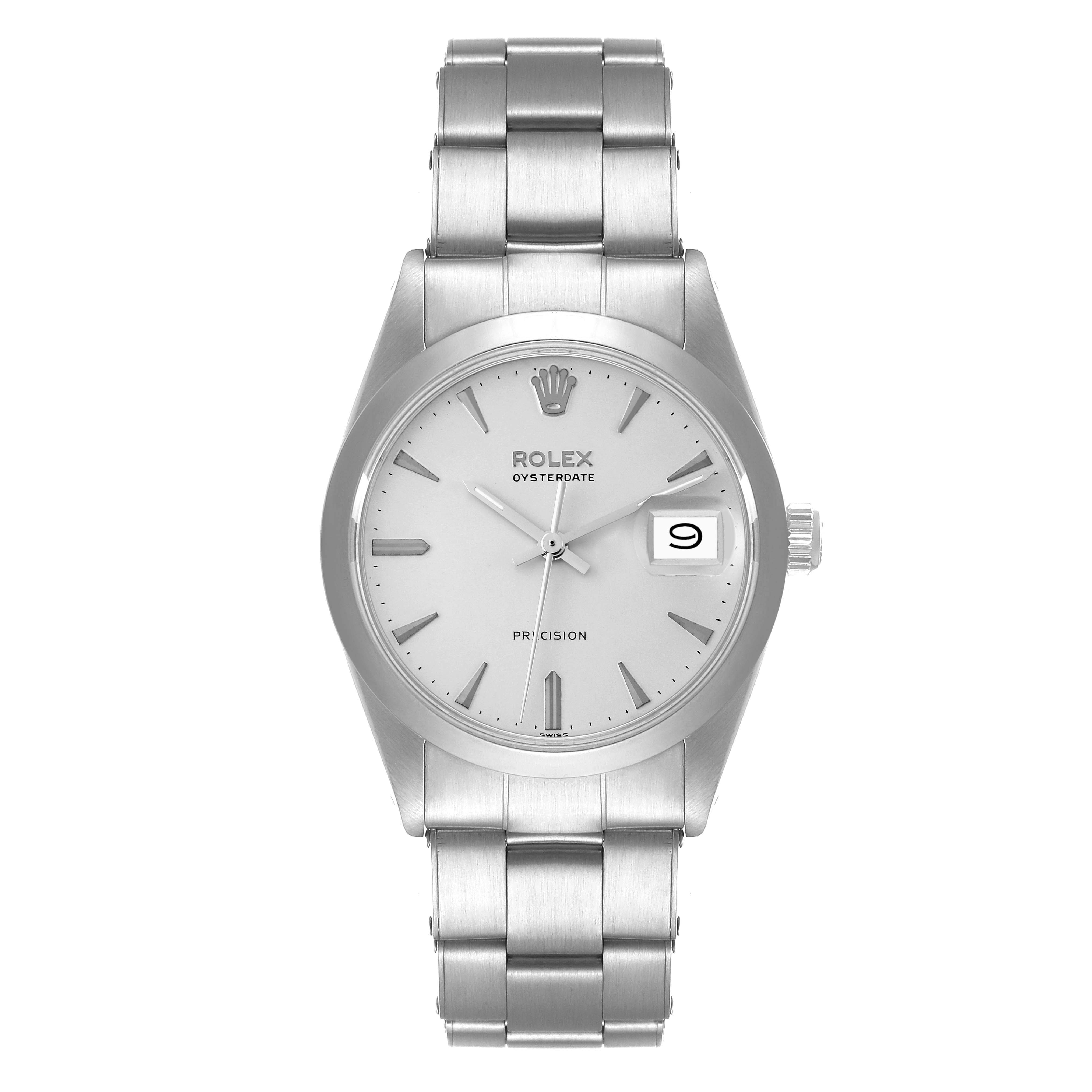 The image shows a front view of a Rolex Vintage Collection 6694 Men
s Stainless Steel Silver Dial 6694 Men
s Stainless Steel Silver Dial model watch, featuring a stainless steel band and bezel.