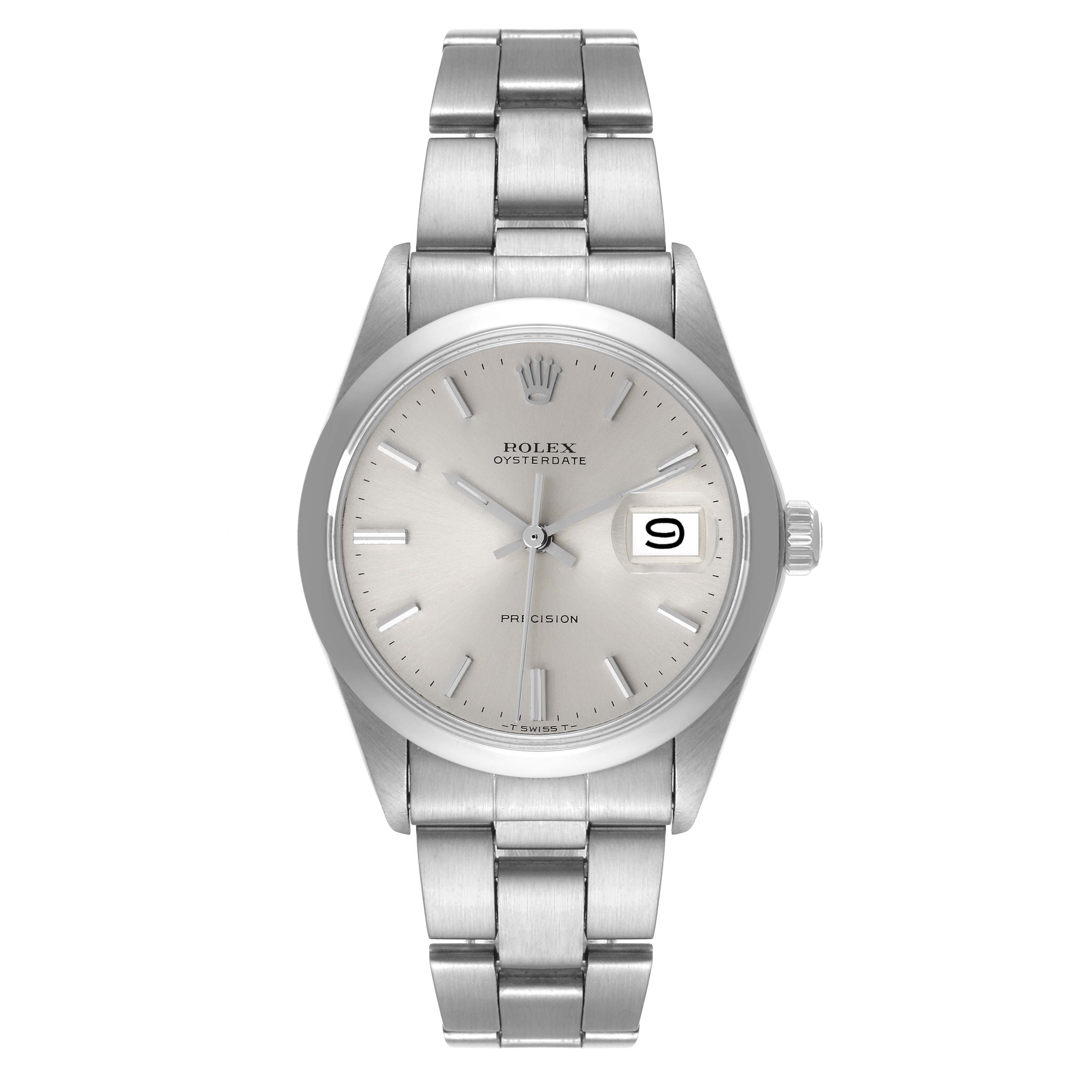 This is a front view of the Rolex Vintage Collection 6694 Men
s Stainless Steel Silver Dial 6694 Men
s Stainless Steel Silver Dial Oysterdate Precision watch, showcasing its dial, case, and bracelet.