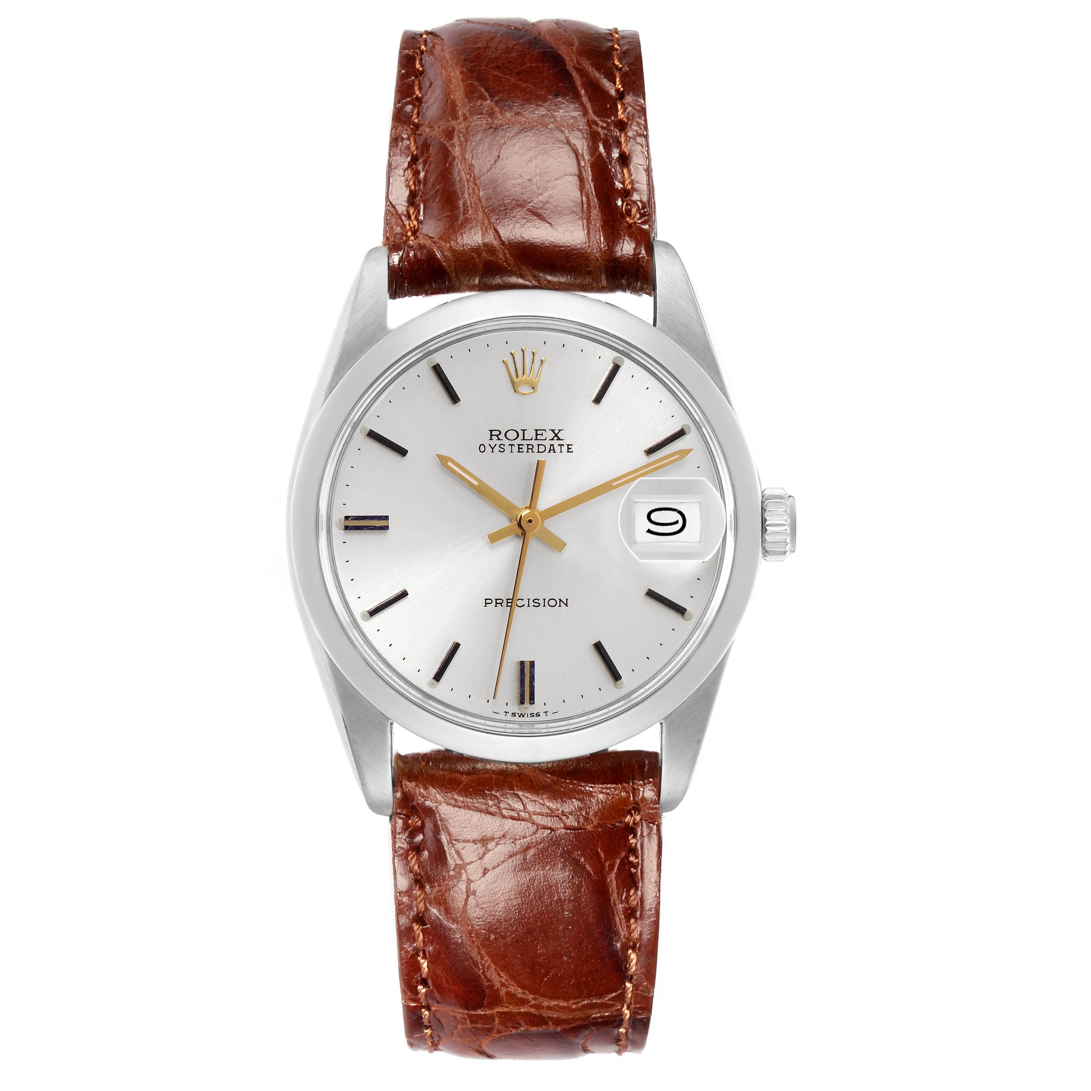 The Rolex Vintage Collection 6694 Men
s Stainless Steel Silver Dial 6694 Men
s Stainless Steel Silver Dial watch is shown from the front, featuring a silver dial, date display, and brown leather strap.