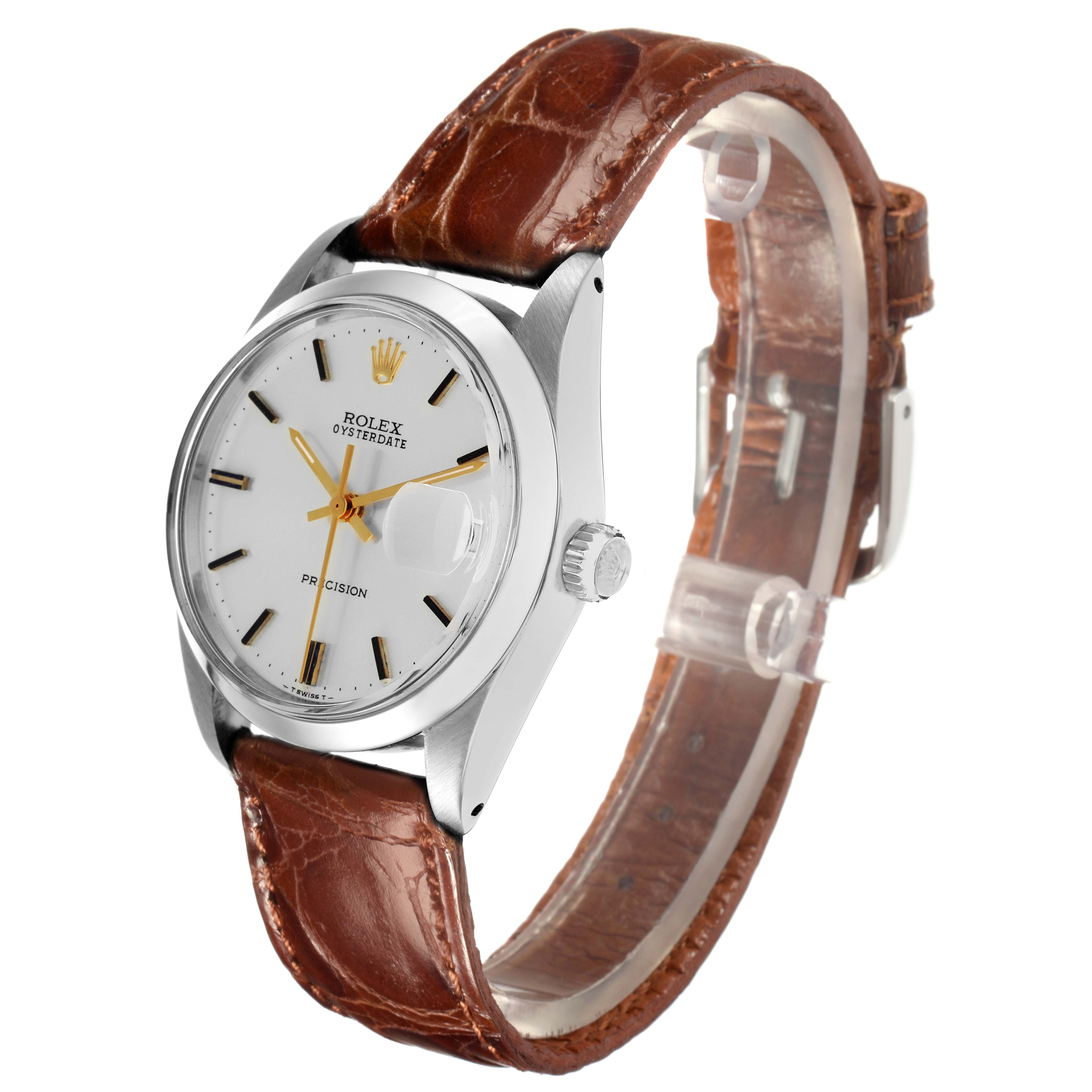 The Rolex Vintage Collection 6694 Men
s Stainless Steel Silver Dial 6694 Men
s Stainless Steel Silver Dial watch is shown at a three-quarter angle, highlighting the face, crown, and leather strap.