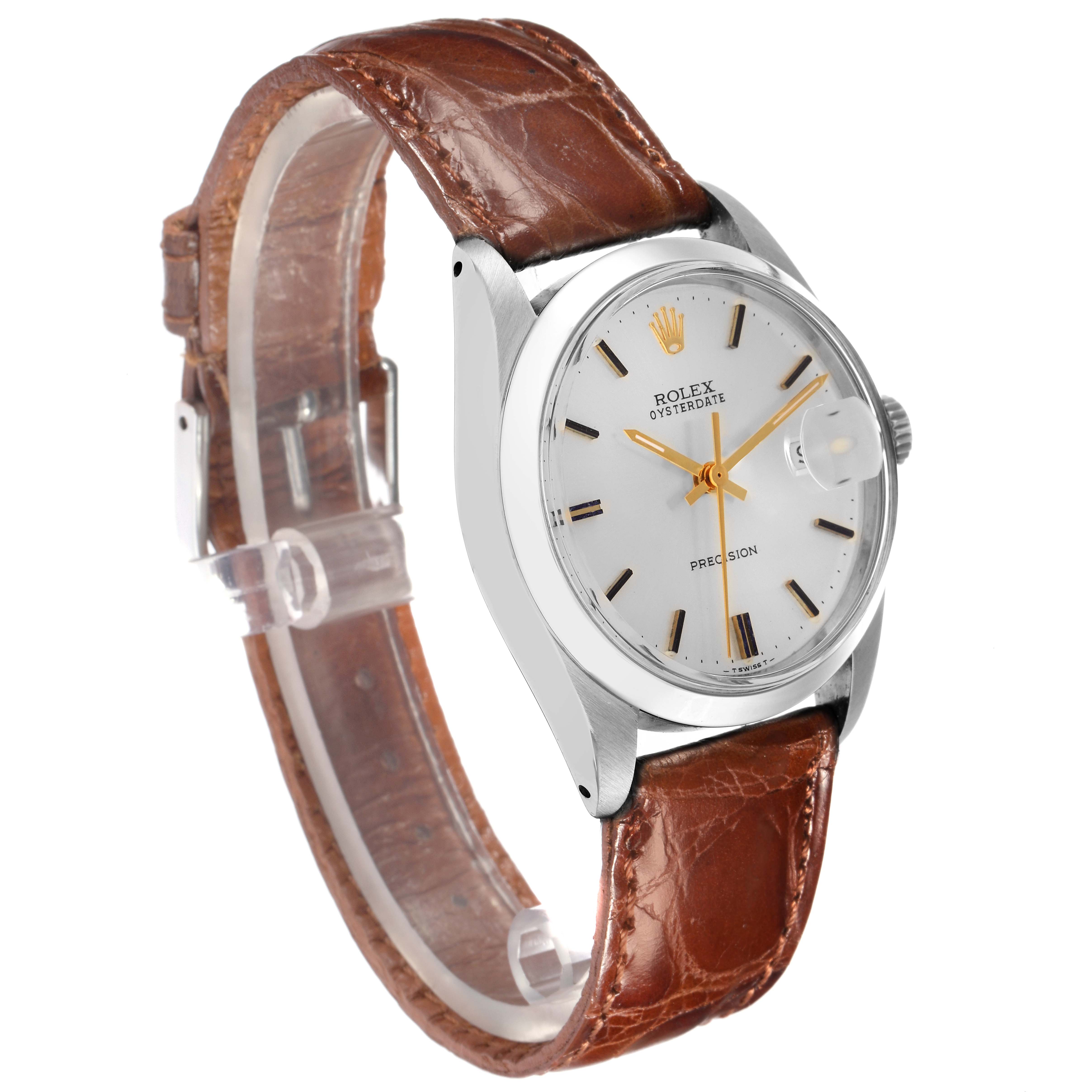 The Rolex Vintage Collection 6694 Men
s Stainless Steel Silver Dial 6694 Men
s Stainless Steel Silver Dial watch is shown at a three-quarter angle, highlighting the face, brown leather strap, and crown.