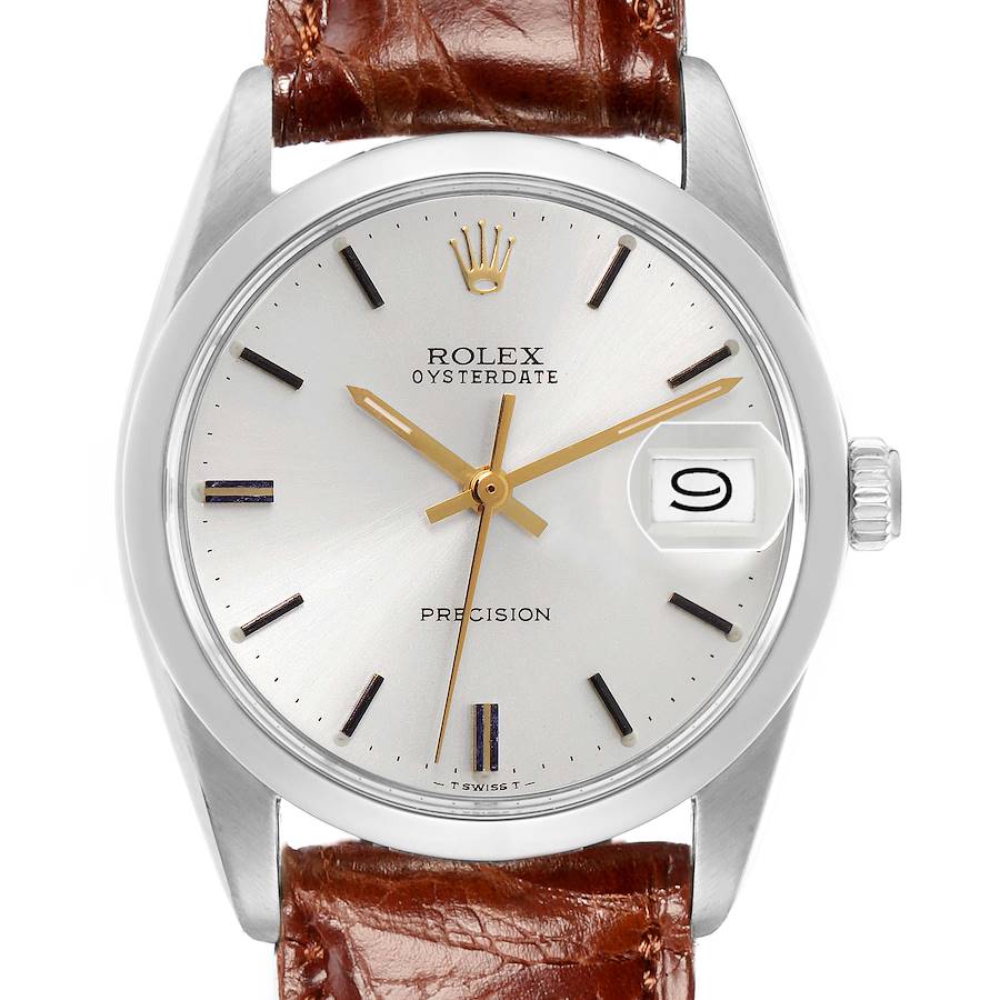 The Rolex Vintage Collection watch is shown from a front angle, highlighting its face, bezel, crown, and leather strap.