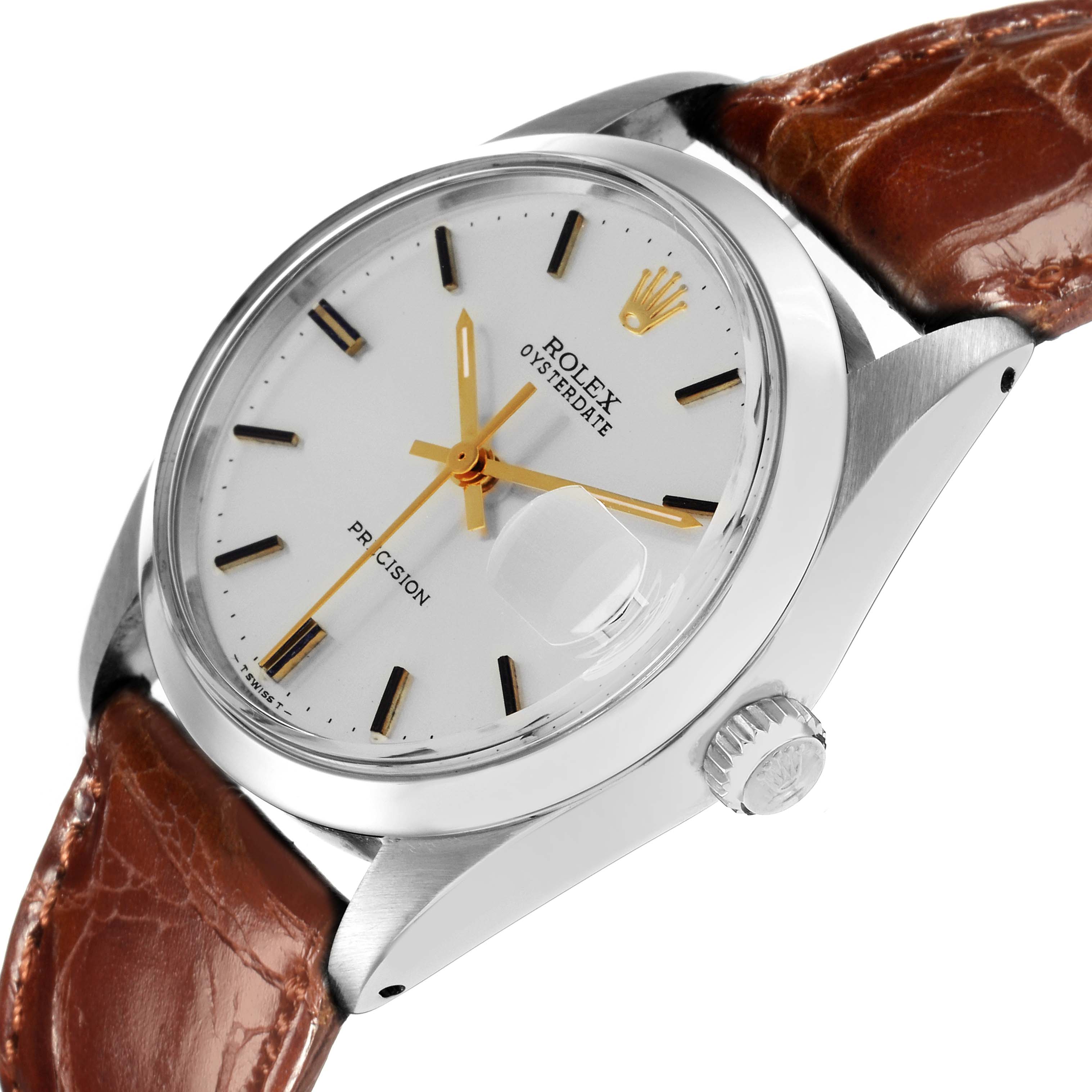 The Rolex Vintage Collection 6694 Men
s Stainless Steel Silver Dial 6694 Men
s Stainless Steel Silver Dial watch is shown at an angled side view, highlighting the face, crown, and leather strap.