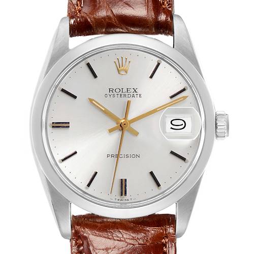 The image shows a frontal view of the Rolex Vintage Collection watch, highlighting the face, dial, and leather strap.