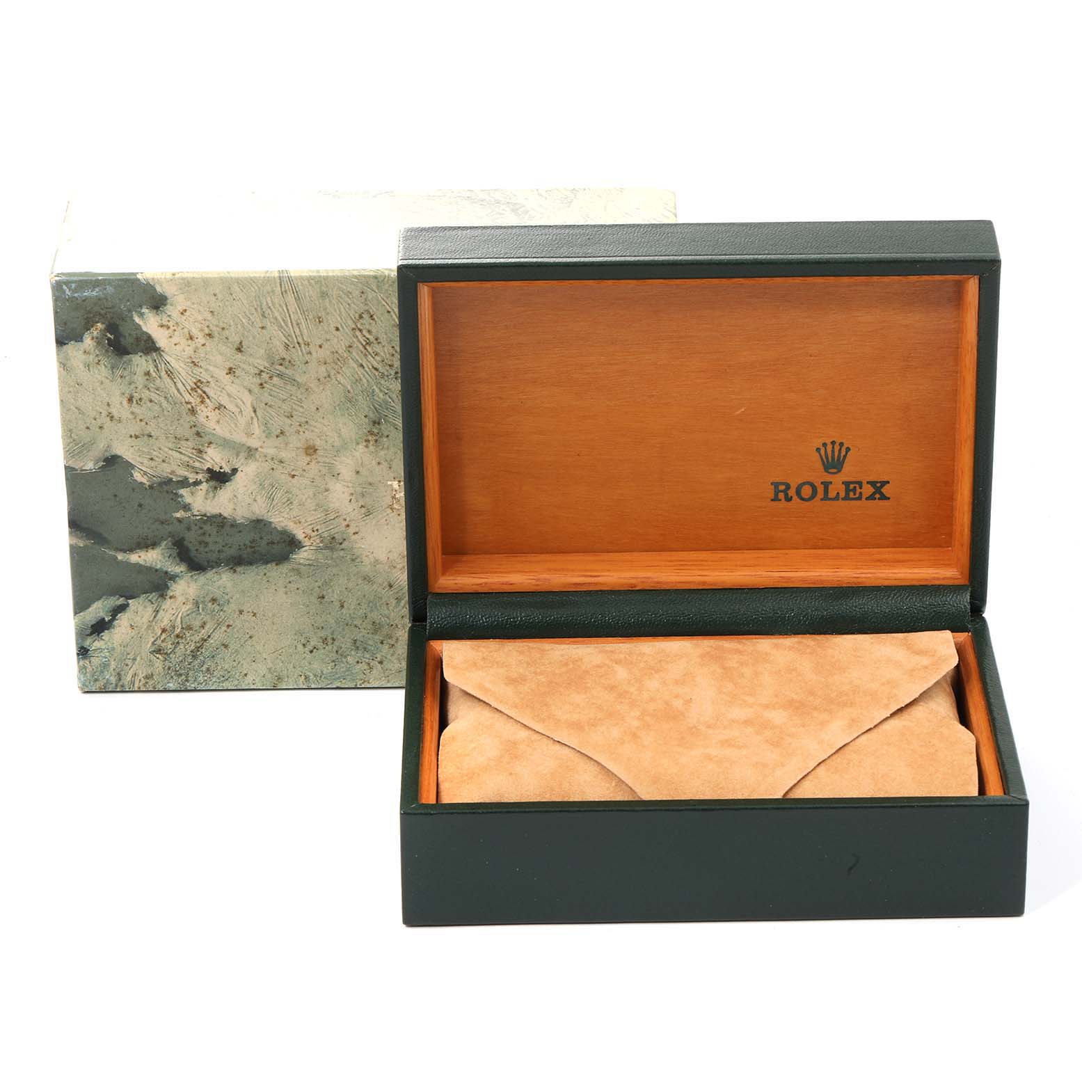 The image shows an open Rolex Oysterquartz 17013 Men's Steel and Gold (two tone) Silver Dial 17013 Men's Steel and Gold (two tone) Silver Dial watch box with a suede pouch inside, alongside the outer marbled packaging.