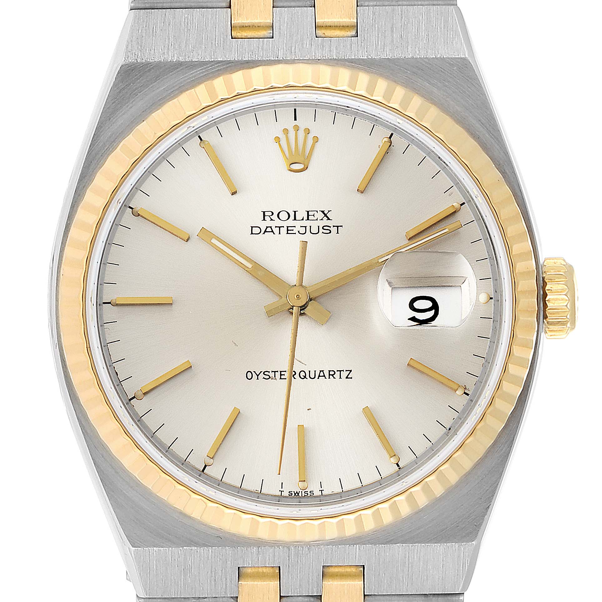 The Rolex Oysterquartz 17013 Men's Steel and Gold (two tone) Silver Dial 17013 Men's Steel and Gold (two tone) Silver Dial Datejust watch is shown from a front angle, displaying the dial, hands, crown, and part of the bracelet.