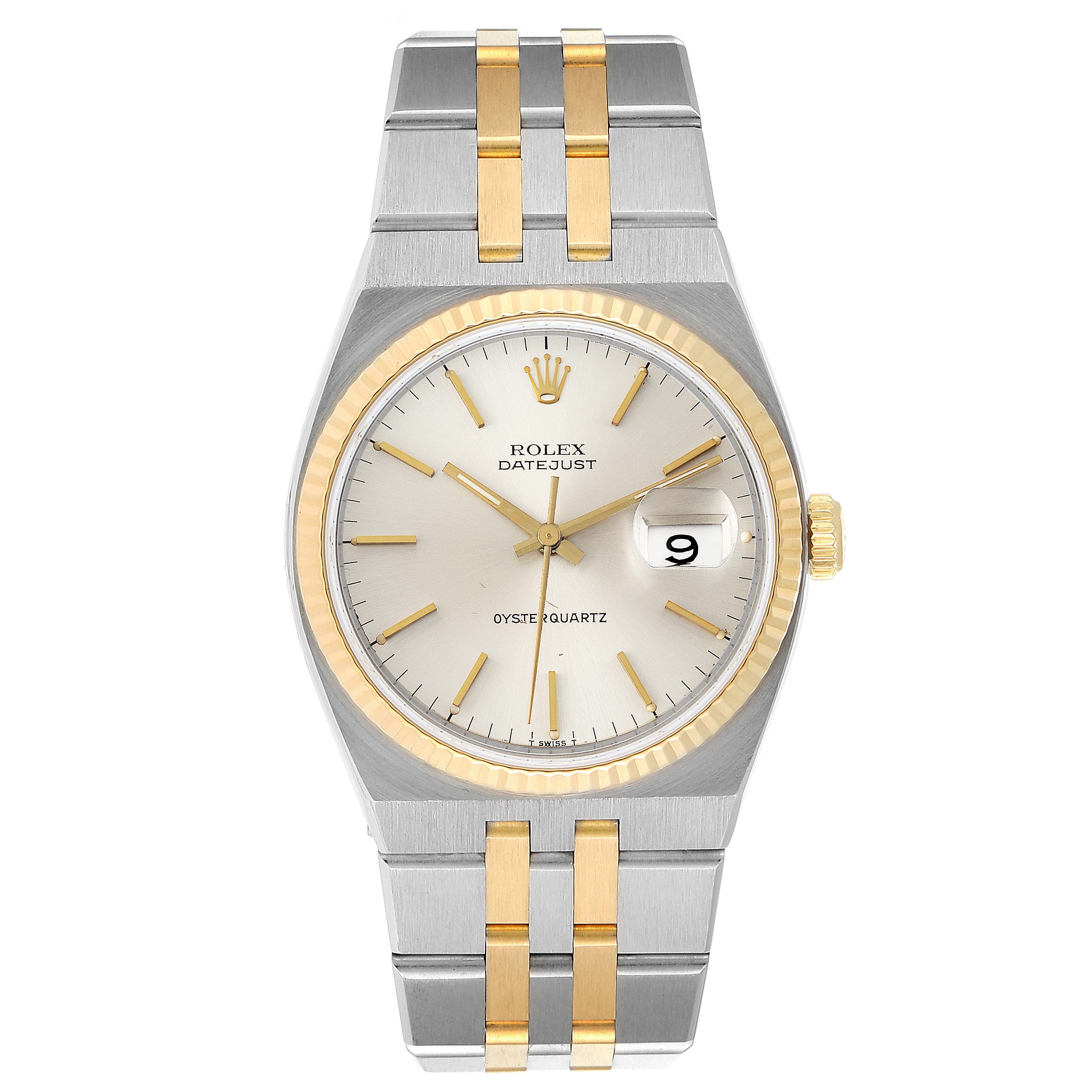 This image shows a front view of the Rolex Oysterquartz 17013 Men's Steel and Gold (two tone) Silver Dial 17013 Men's Steel and Gold (two tone) Silver Dial, highlighting its dial, bezel, and two-tone bracelet.