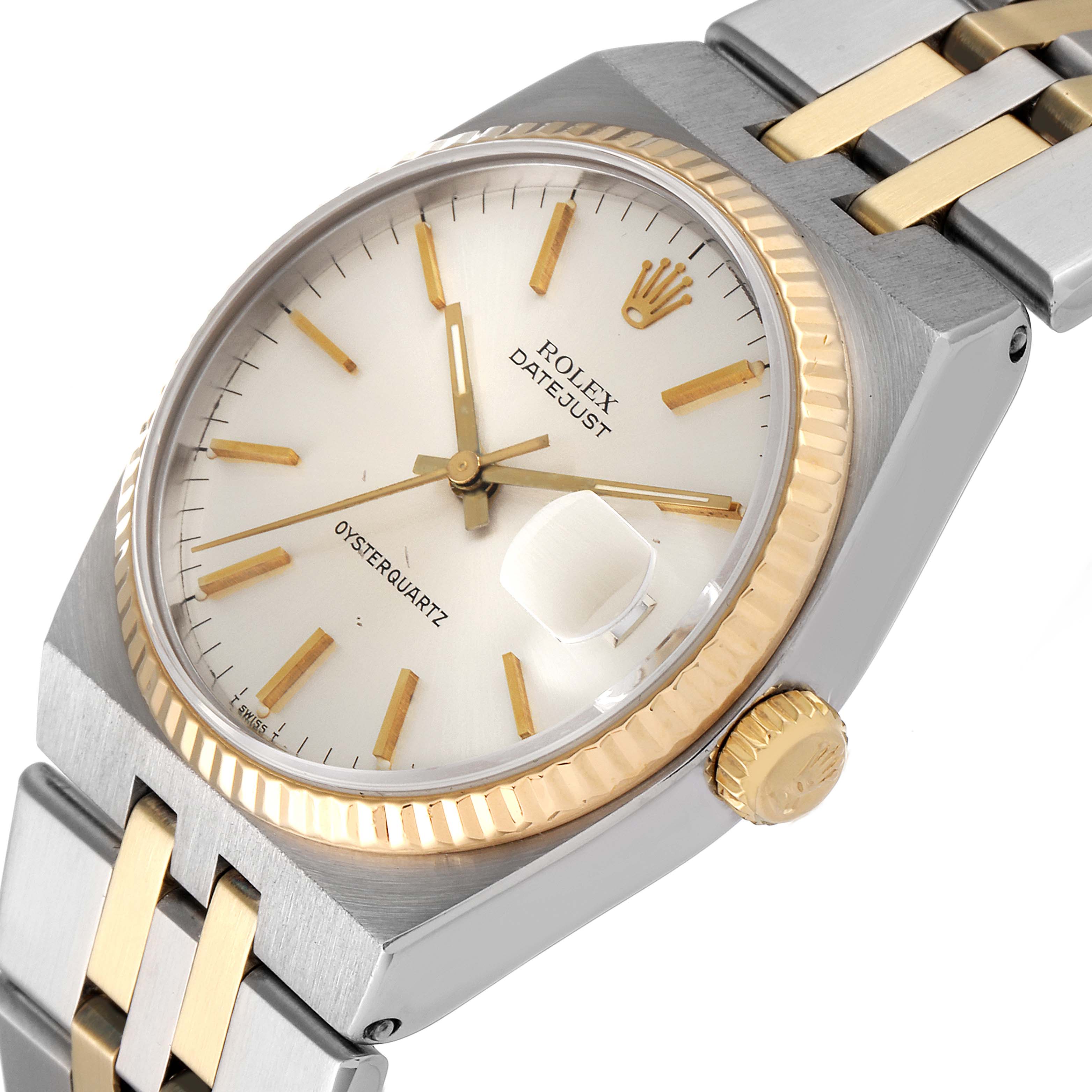 The image shows a close-up angled view of a Rolex Oysterquartz 17013 Men's Steel and Gold (two tone) Silver Dial 17013 Men's Steel and Gold (two tone) Silver Dial watch, highlighting the dial, bezel, and bracelet.