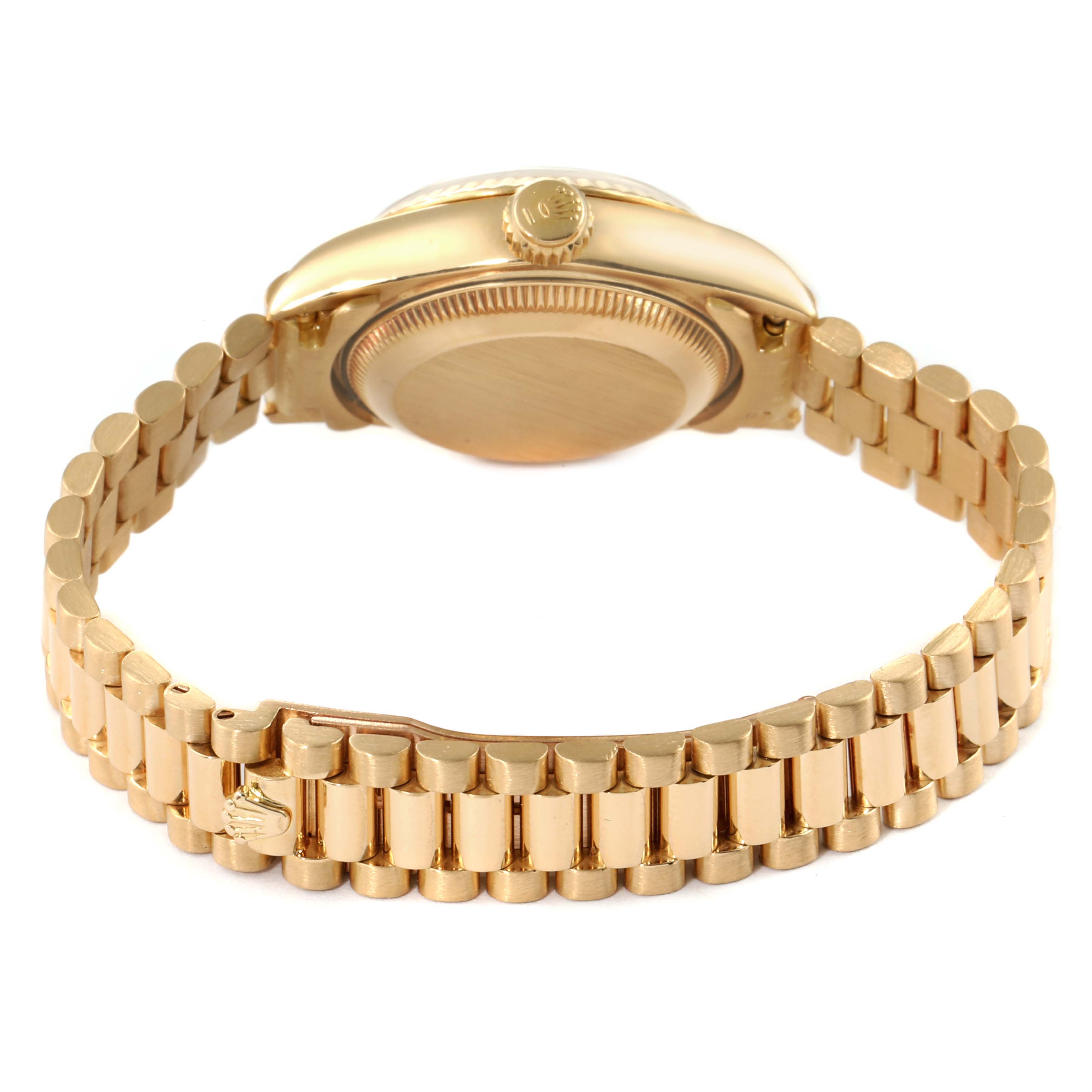 This image shows the back and side view of a Rolex President 69178 Women's Yellow Gold Beige Dial 69178 Women's Yellow Gold Beige Dial model watch, highlighting its bracelet and crown.