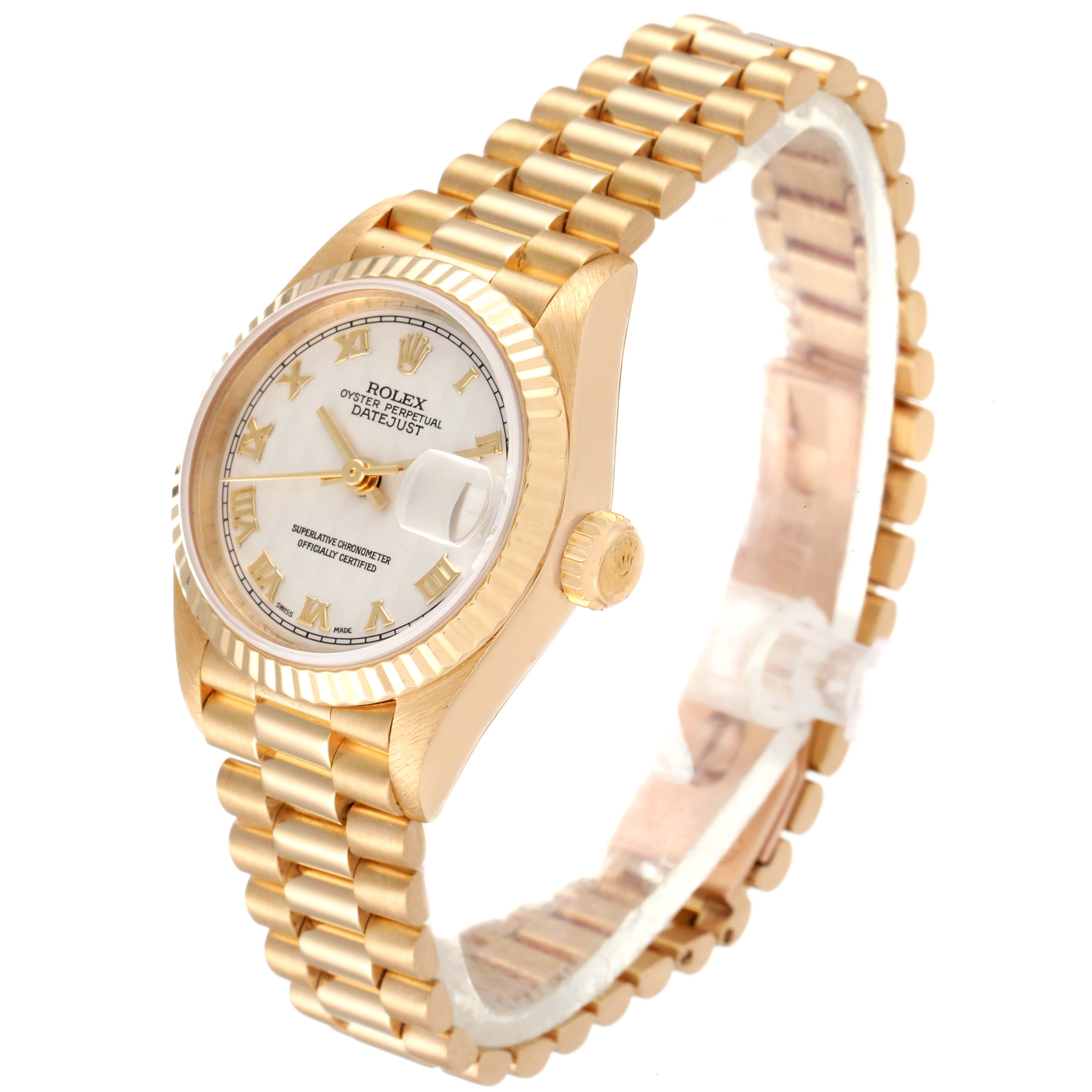 This image shows a Rolex President 69178 Women's Yellow Gold Beige Dial 69178 Women's Yellow Gold Beige Dial model watch angled to display the face, crown, and bracelet.