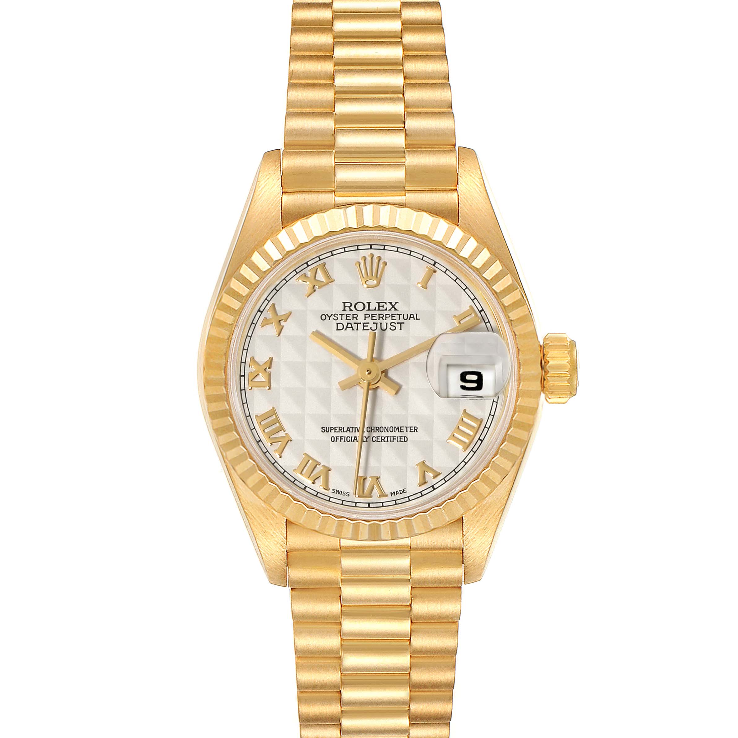 This image shows a frontal view of a Rolex President 69178 Women's Yellow Gold Beige Dial 69178 Women's Yellow Gold Beige Dial model watch, highlighting the dial, bezel, bracelet, and date window.