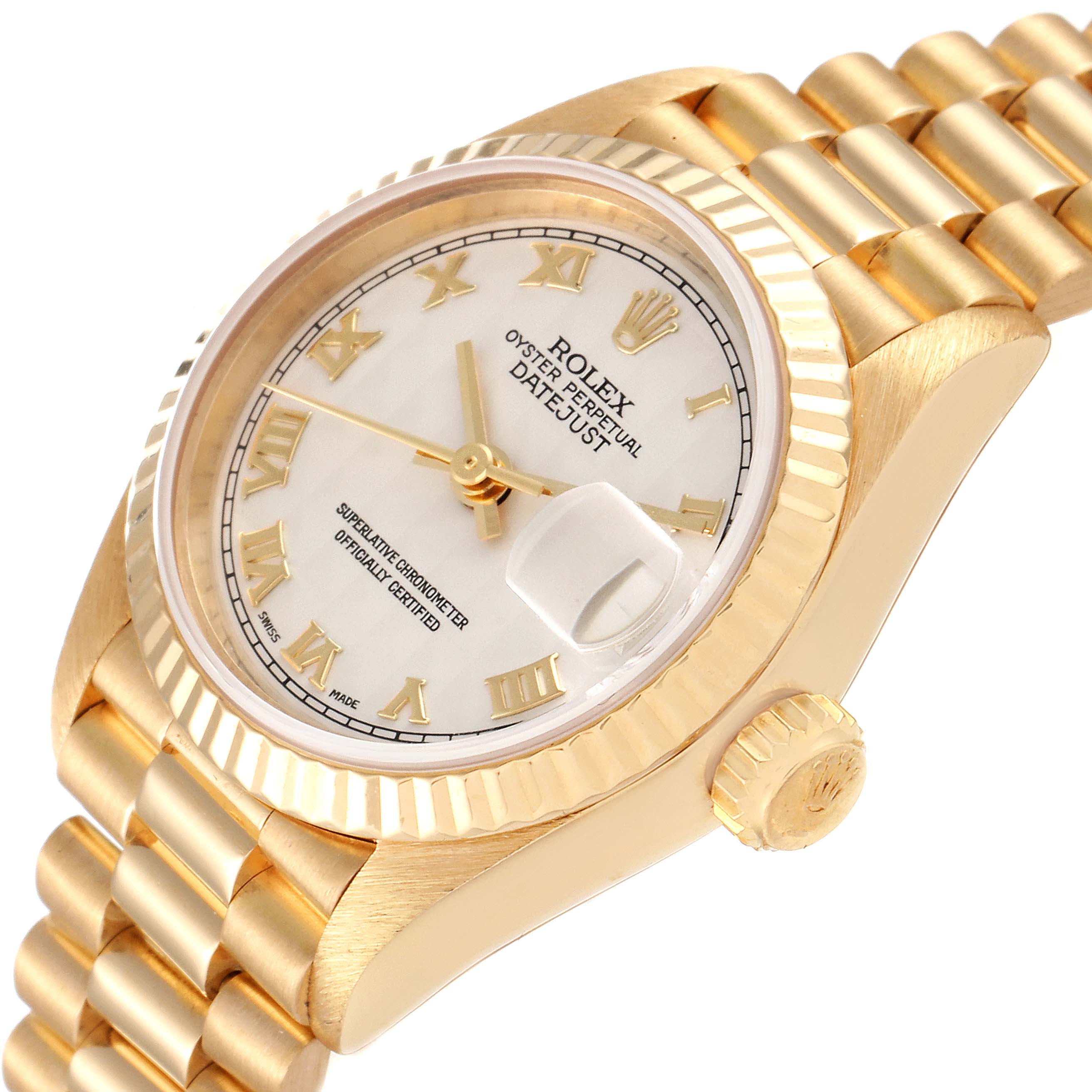 The image shows a side and front angle of a Rolex President 69178 Women's Yellow Gold Beige Dial 69178 Women's Yellow Gold Beige Dial model with its gold bracelet, bezel, crown, and dial visible.