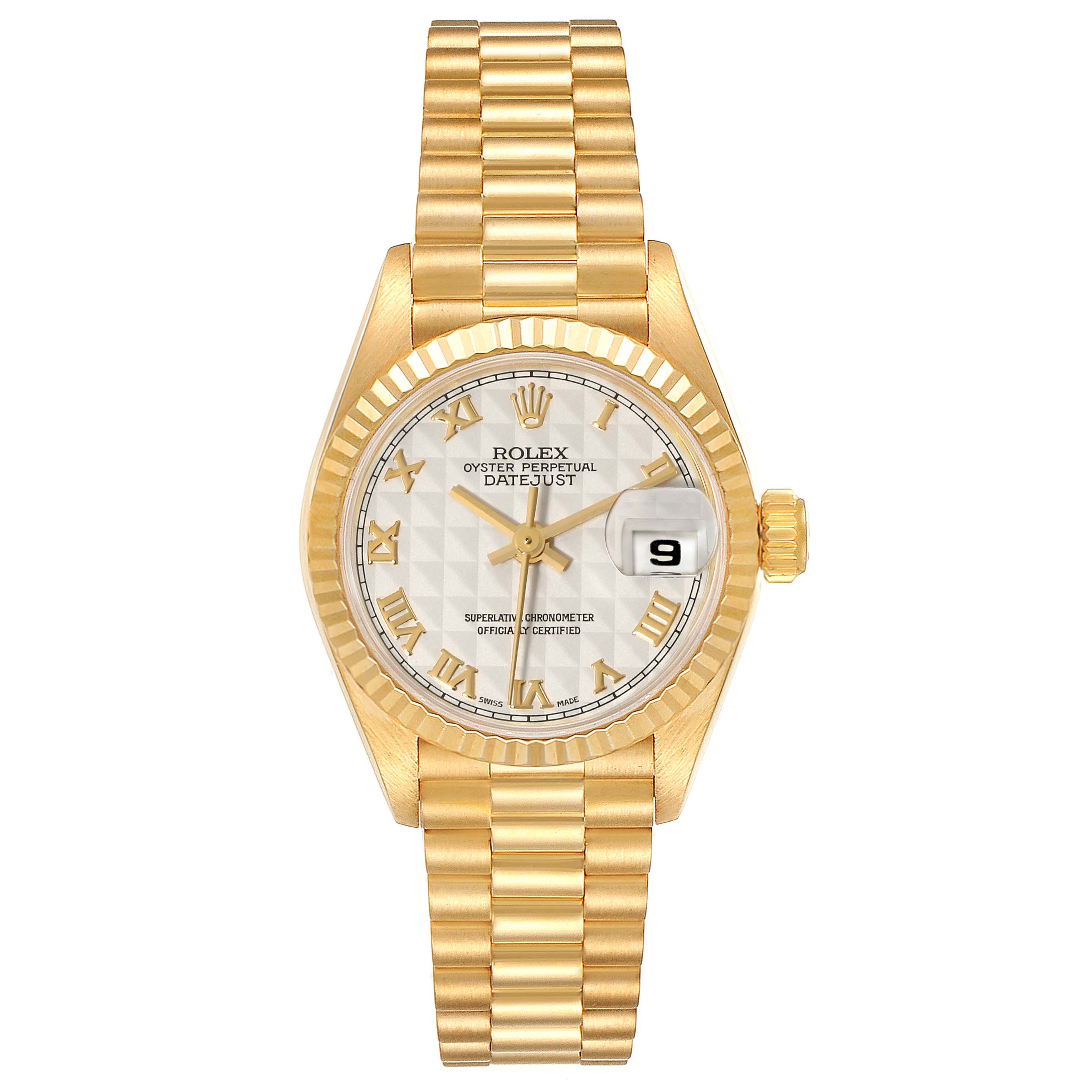 The image displays a frontal view of a Rolex President 69178 Women's Yellow Gold Beige Dial 69178 Women's Yellow Gold Beige Dial model watch, showcasing its gold bracelet, white dial, and date display.