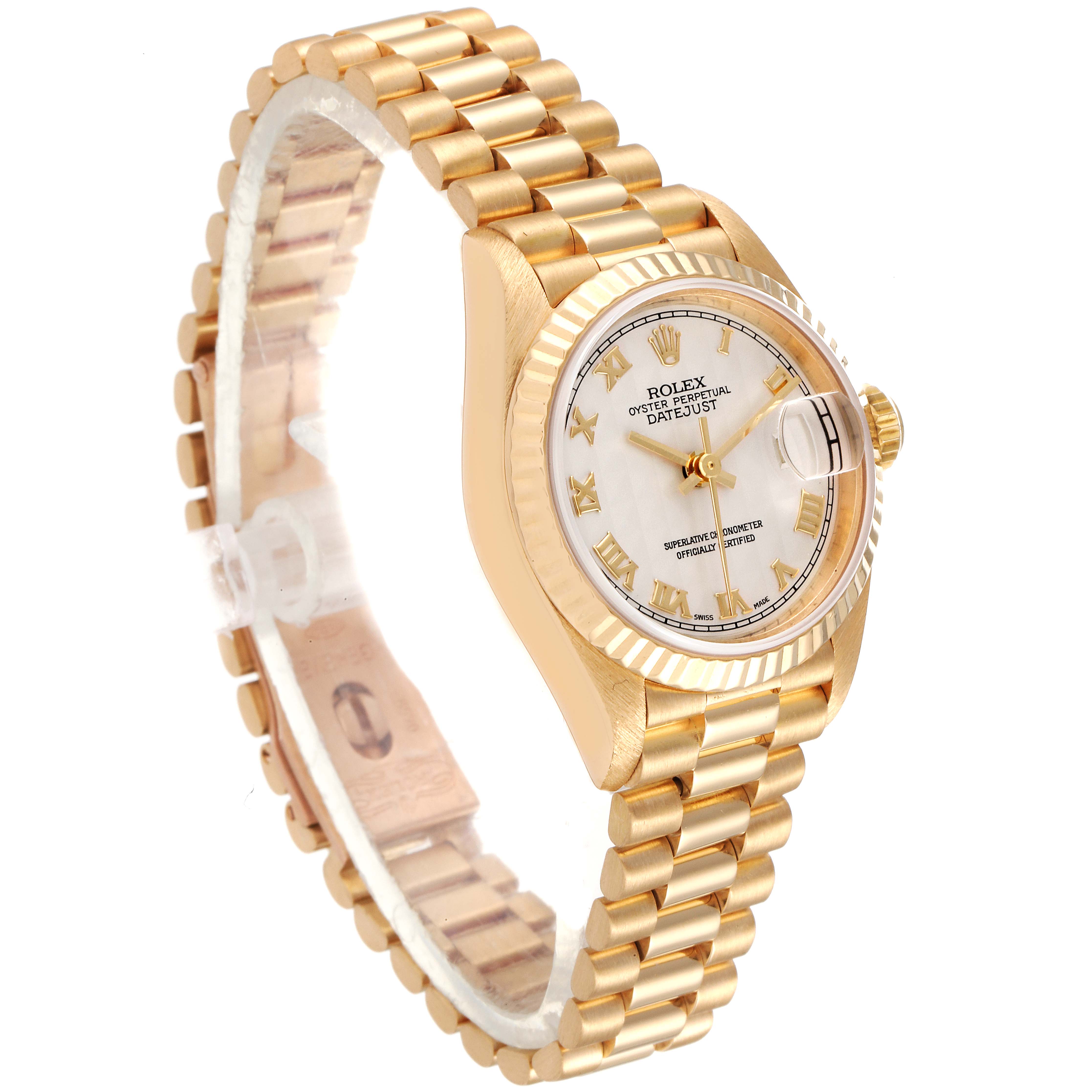 This image shows a Rolex President 69178 Women's Yellow Gold Beige Dial 69178 Women's Yellow Gold Beige Dial model watch from a three-quarter angle highlighting the face and gold bracelet.