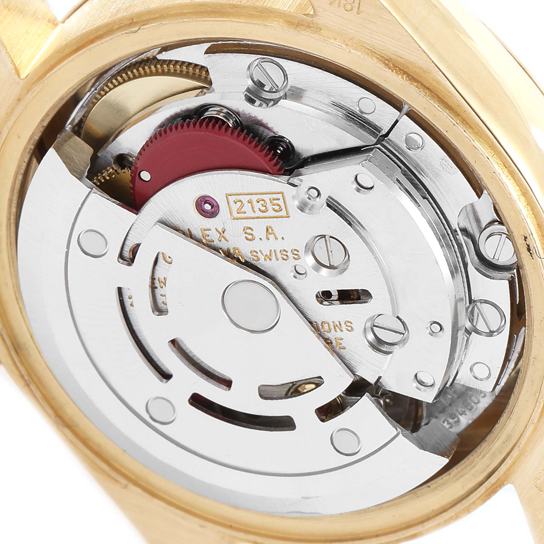 The image shows the internal mechanism of the Rolex President 69178 Women's Yellow Gold Beige Dial 69178 Women's Yellow Gold Beige Dial model watch from a back view angle.