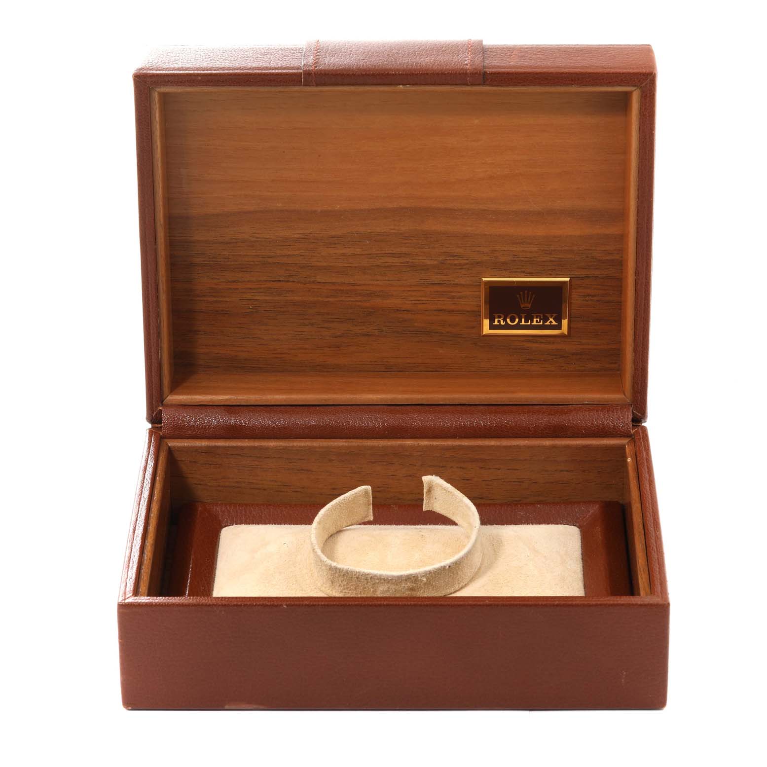 This image shows an open Rolex President 18038 Men
s Yellow Gold Black Dial 18038 Men
s Yellow Gold Black Dial model watch box displaying the interior with a cushion and a placeholder for the watch.