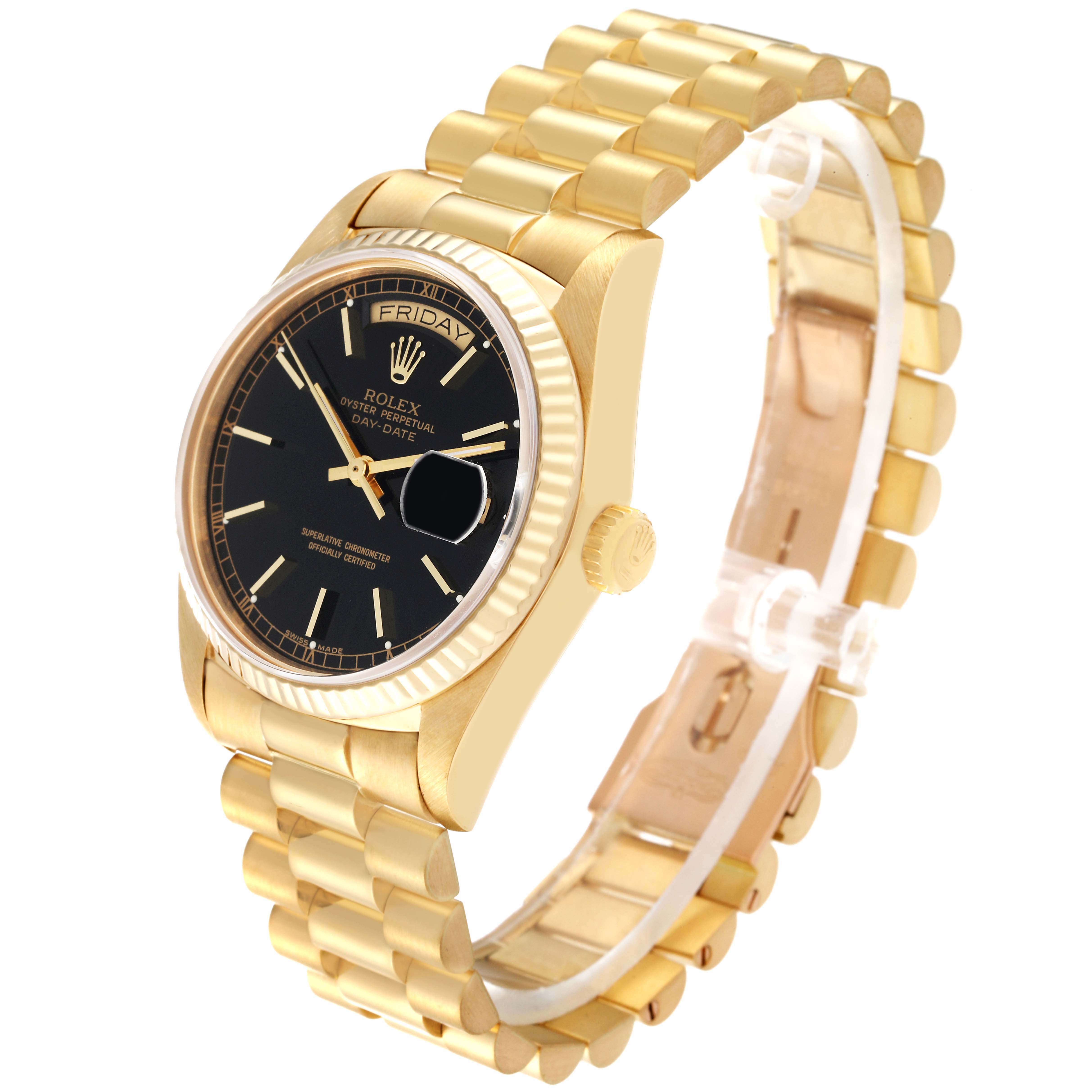 The image shows a Rolex President 18038 Men
s Yellow Gold Black Dial 18038 Men
s Yellow Gold Black Dial model watch from a slight side angle, displaying its dial, bezel, crown, and bracelet.