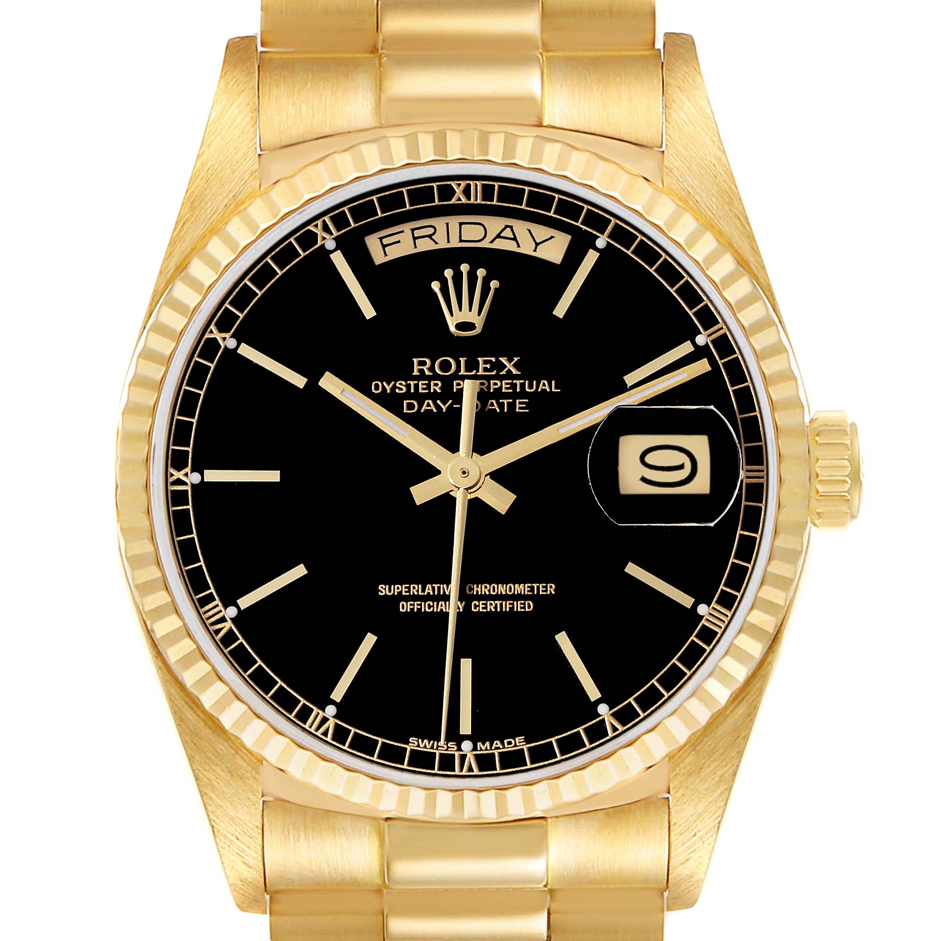 The image shows a front view of the Rolex President 18038 Men
s Yellow Gold Black Dial 18038 Men
s Yellow Gold Black Dial model watch, highlighting the dial, hands, day-date display, and bracelet.