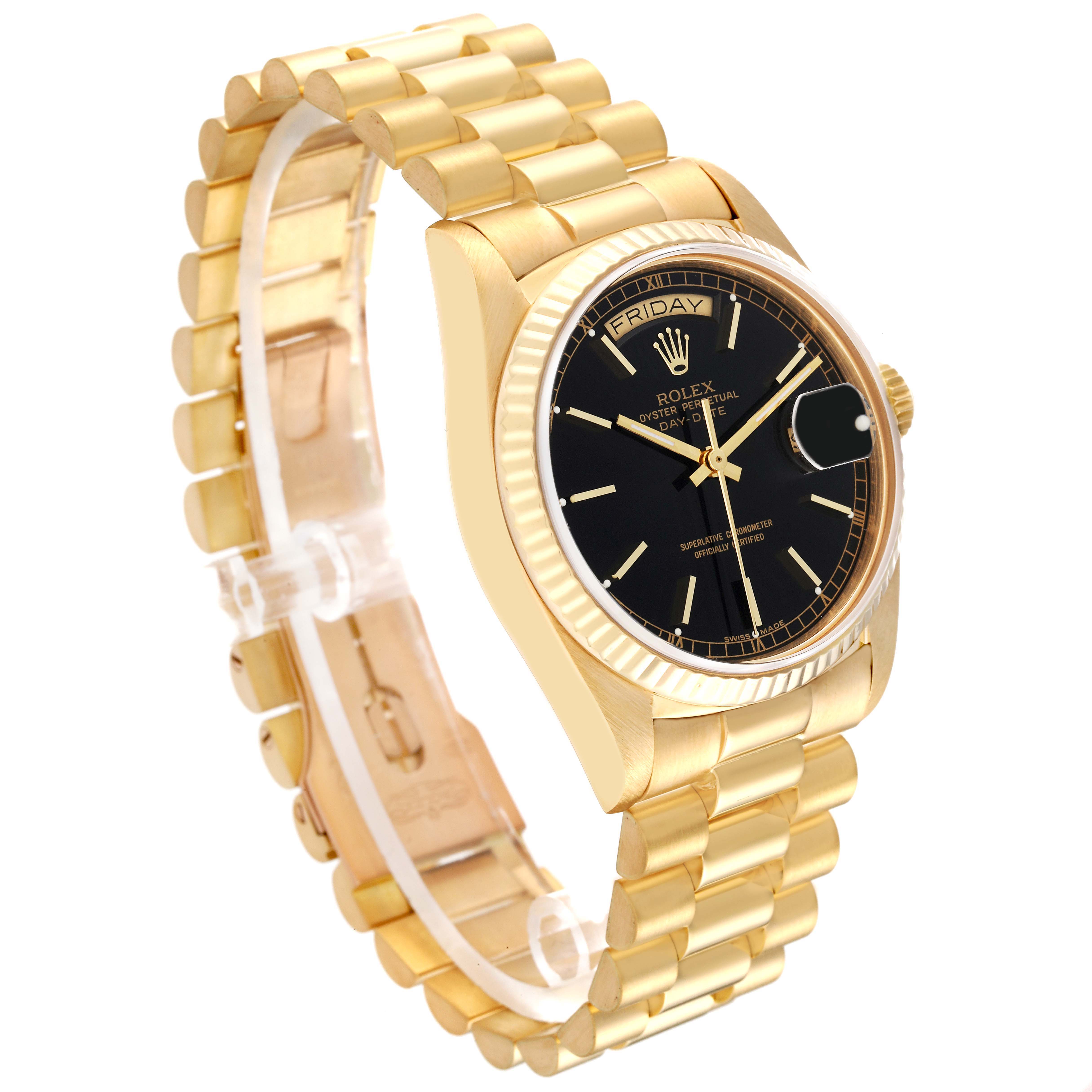 The image shows a side view of the Rolex President 18038 Men
s Yellow Gold Black Dial 18038 Men
s Yellow Gold Black Dial model, featuring its gold band, black dial, and fluted bezel.