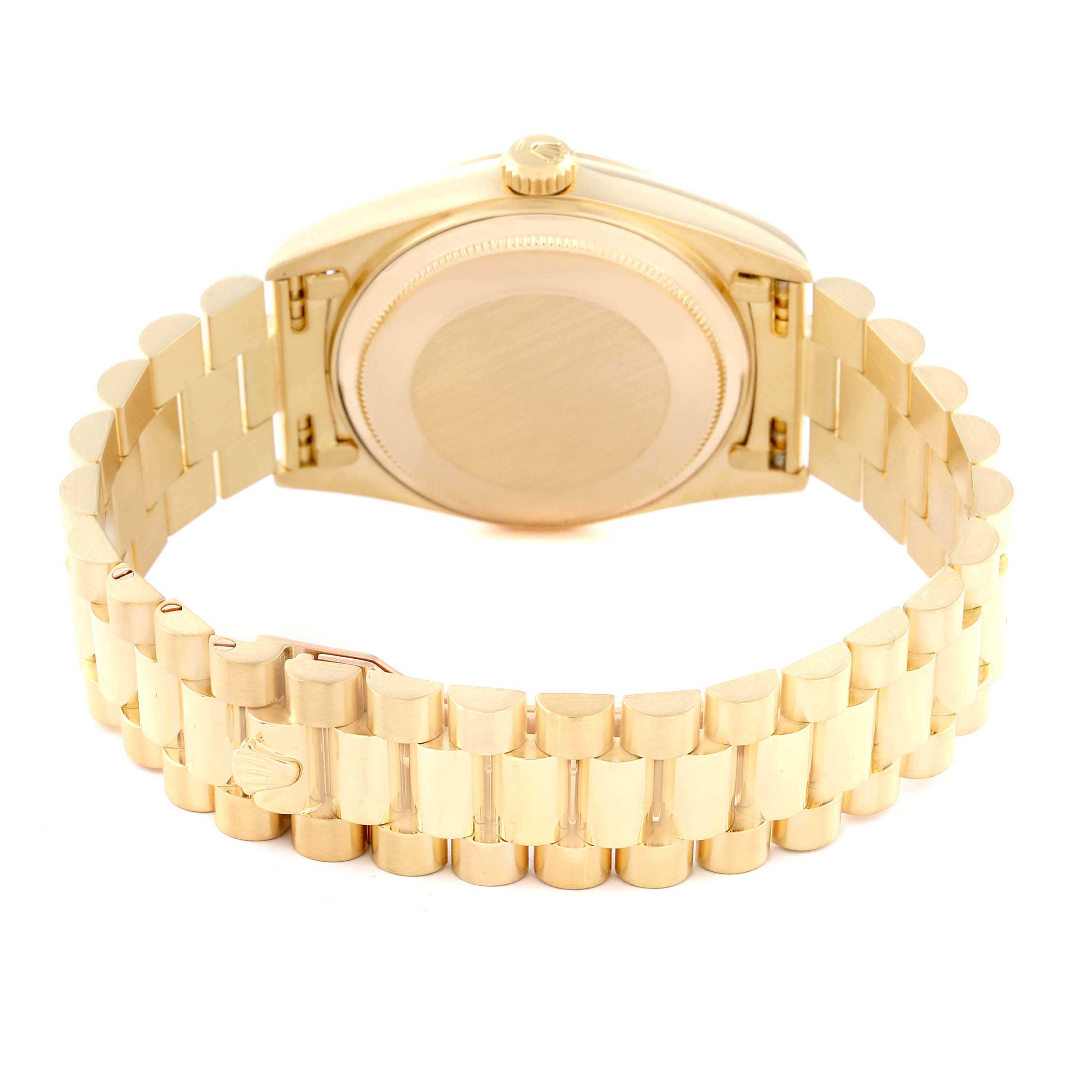 This image shows the back and bracelet of a Rolex President 18038 Men
s Yellow Gold Black Dial 18038 Men
s Yellow Gold Black Dial model watch from a rear angle.