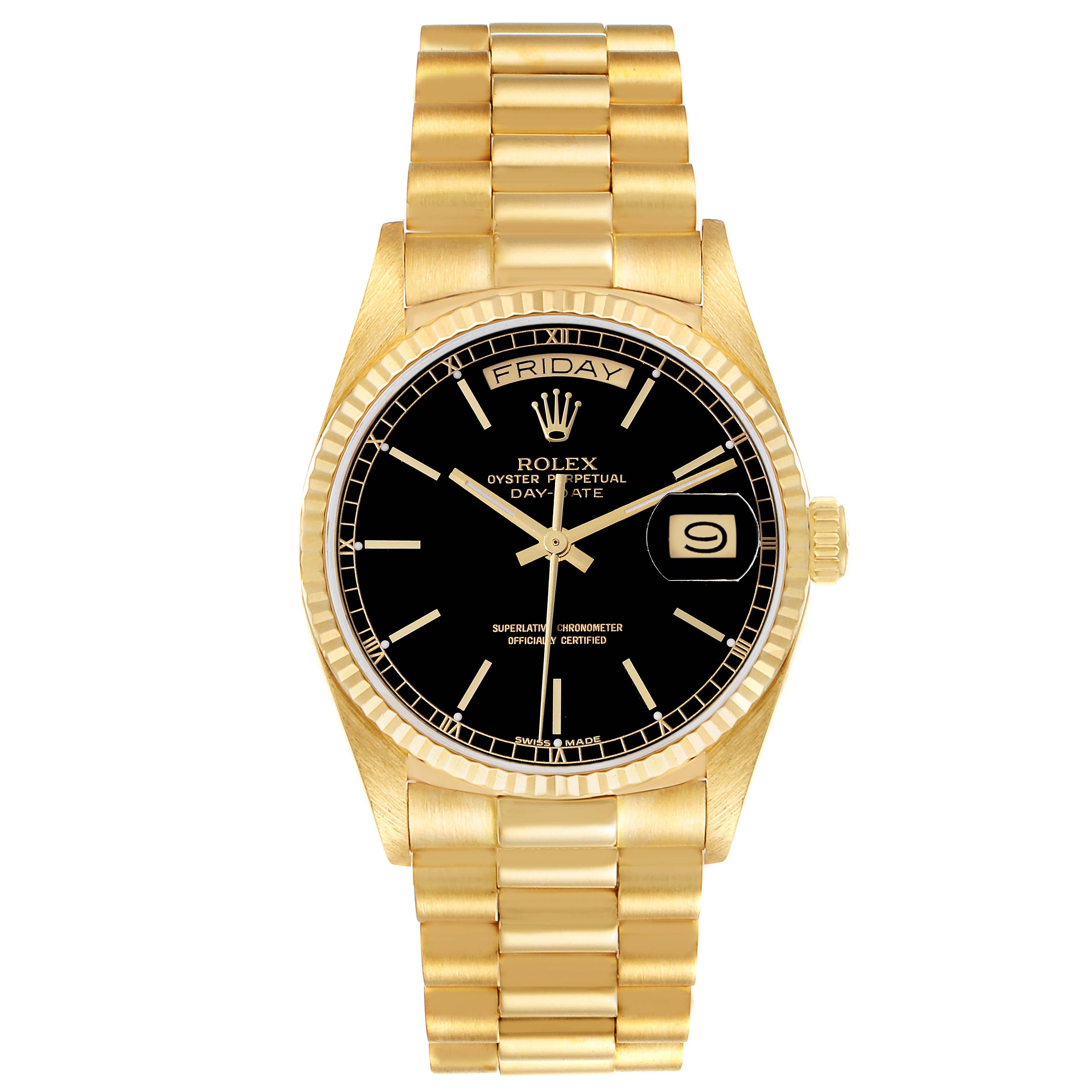 The image shows a front view of a Rolex President 18038 Men
s Yellow Gold Black Dial 18038 Men
s Yellow Gold Black Dial model watch with a gold band and black dial.