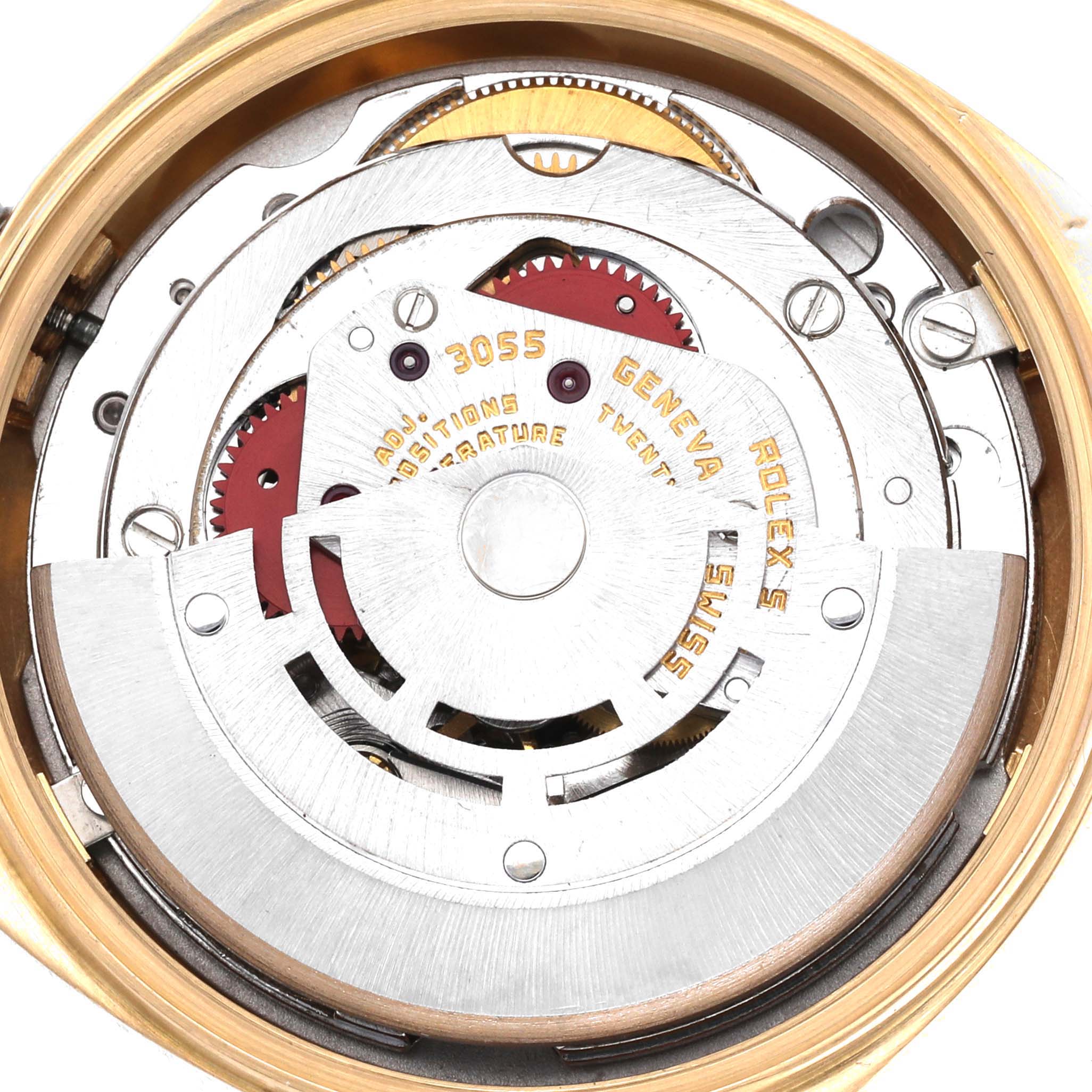 The image shows the interior mechanical movement of a Rolex President 18038 Men
s Yellow Gold Black Dial 18038 Men
s Yellow Gold Black Dial model watch from an overhead angle.