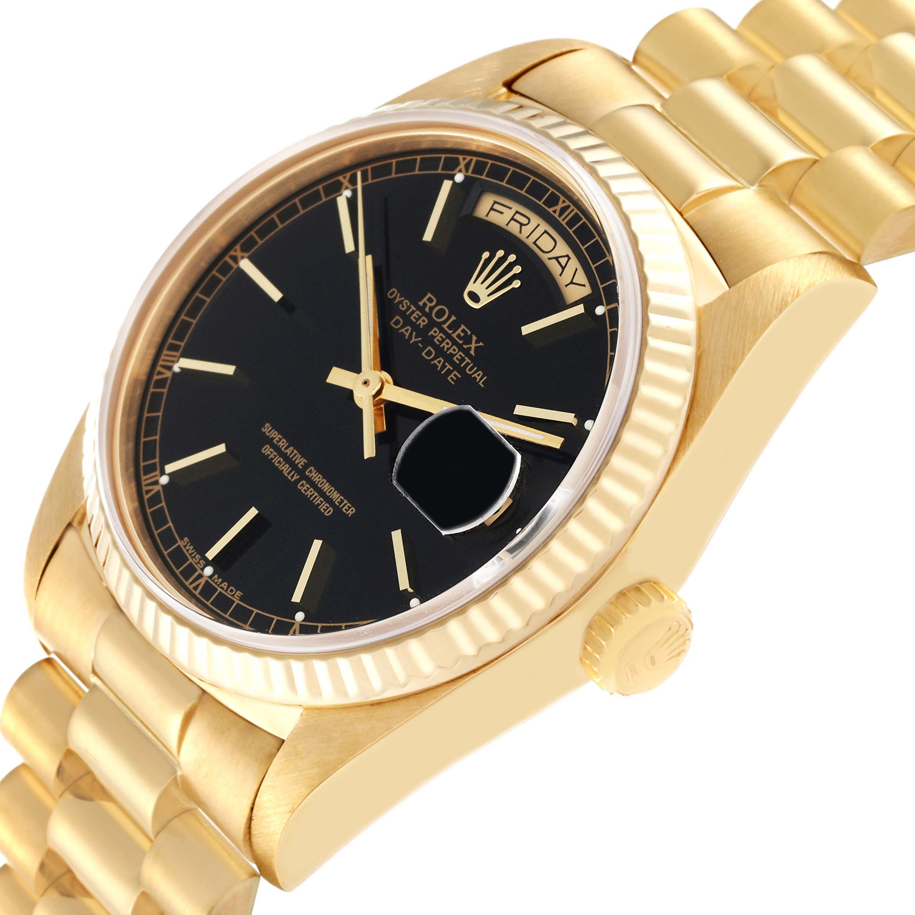The image shows a close-up side angle of the Rolex President 18038 Men
s Yellow Gold Black Dial 18038 Men
s Yellow Gold Black Dial model, highlighting its black dial, gold case, and bracelet.
