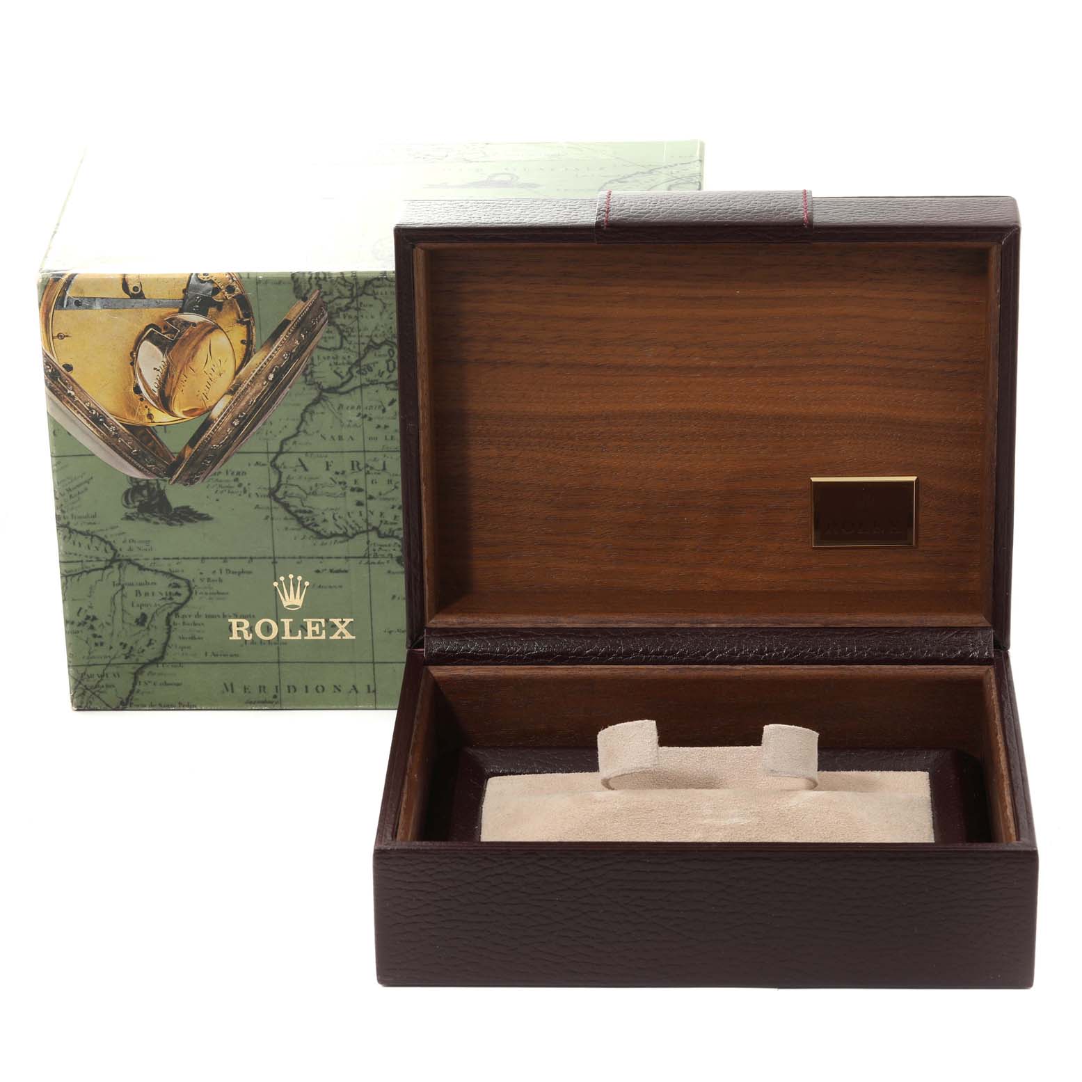 The image shows an open Rolex President 18038 Men
s Yellow Gold Champagne Dial 18038 Men
s Yellow Gold Champagne Dial model watch box and its outer packaging.