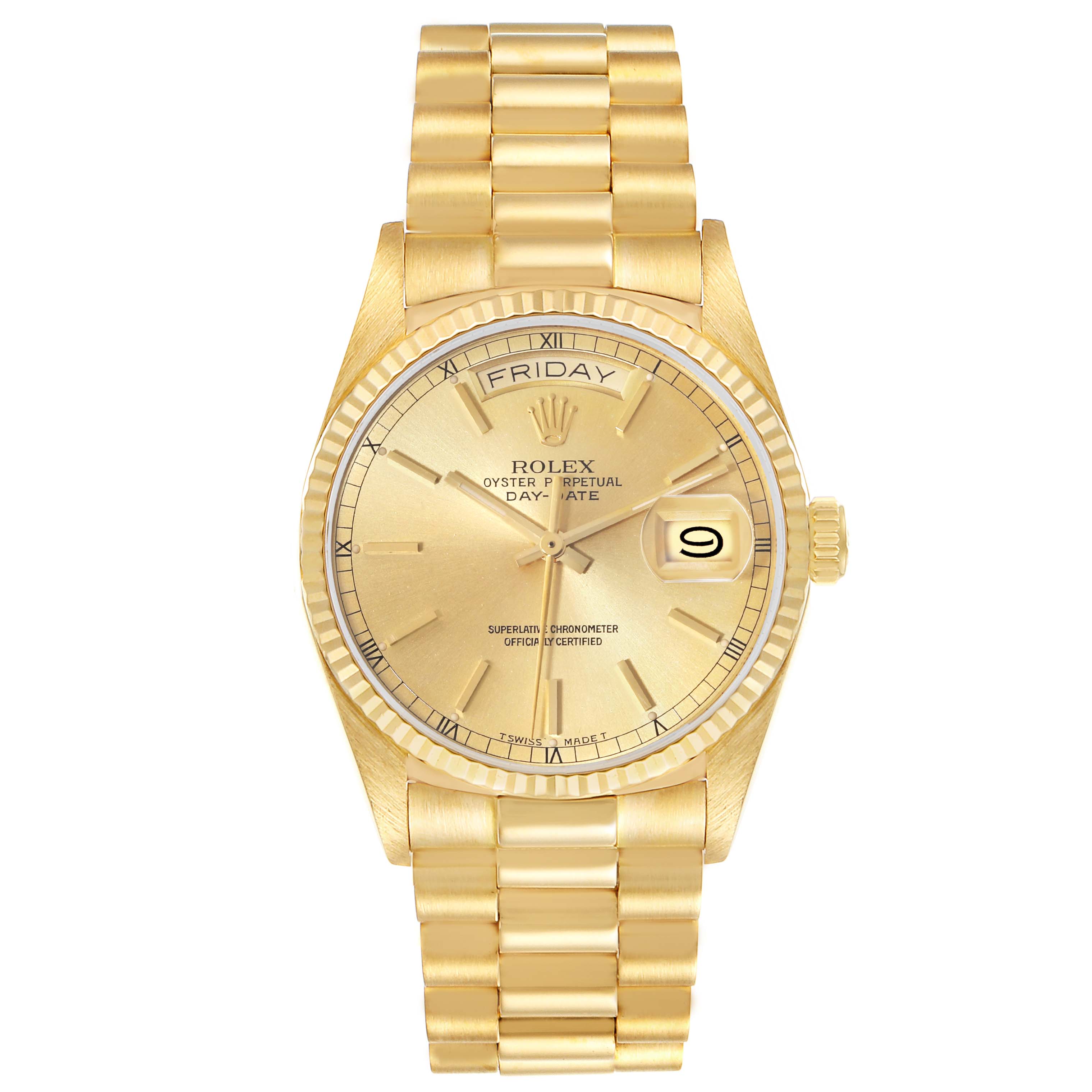 The image shows a front view of the Rolex President 18038 Men
s Yellow Gold Champagne Dial 18038 Men
s Yellow Gold Champagne Dial model, including the face, bracelet, crown, and day-date windows.
