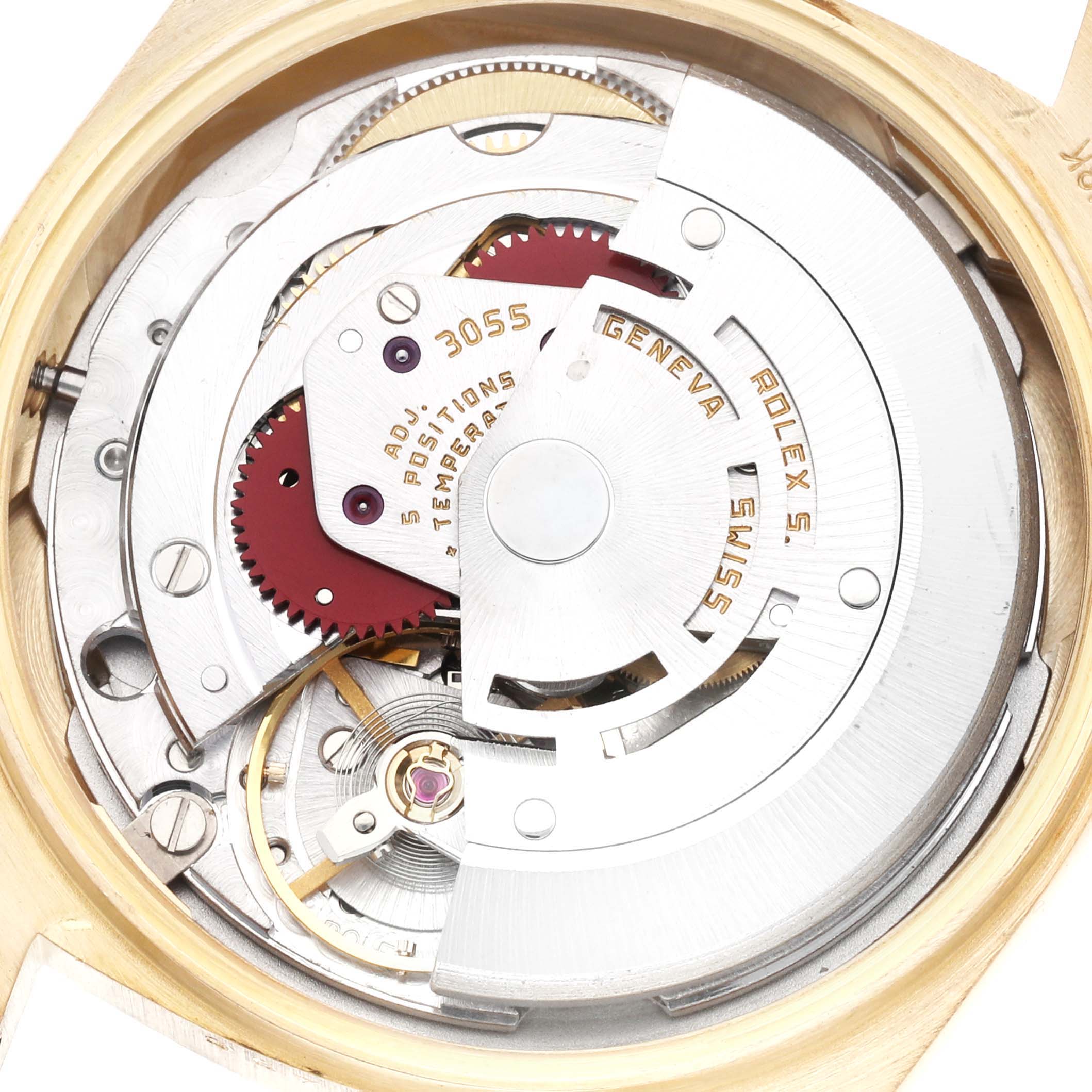 The image shows the inner mechanical movement parts of a Rolex President 18038 Men
s Yellow Gold Champagne Dial 18038 Men
s Yellow Gold Champagne Dial model watch from a top-down angle.