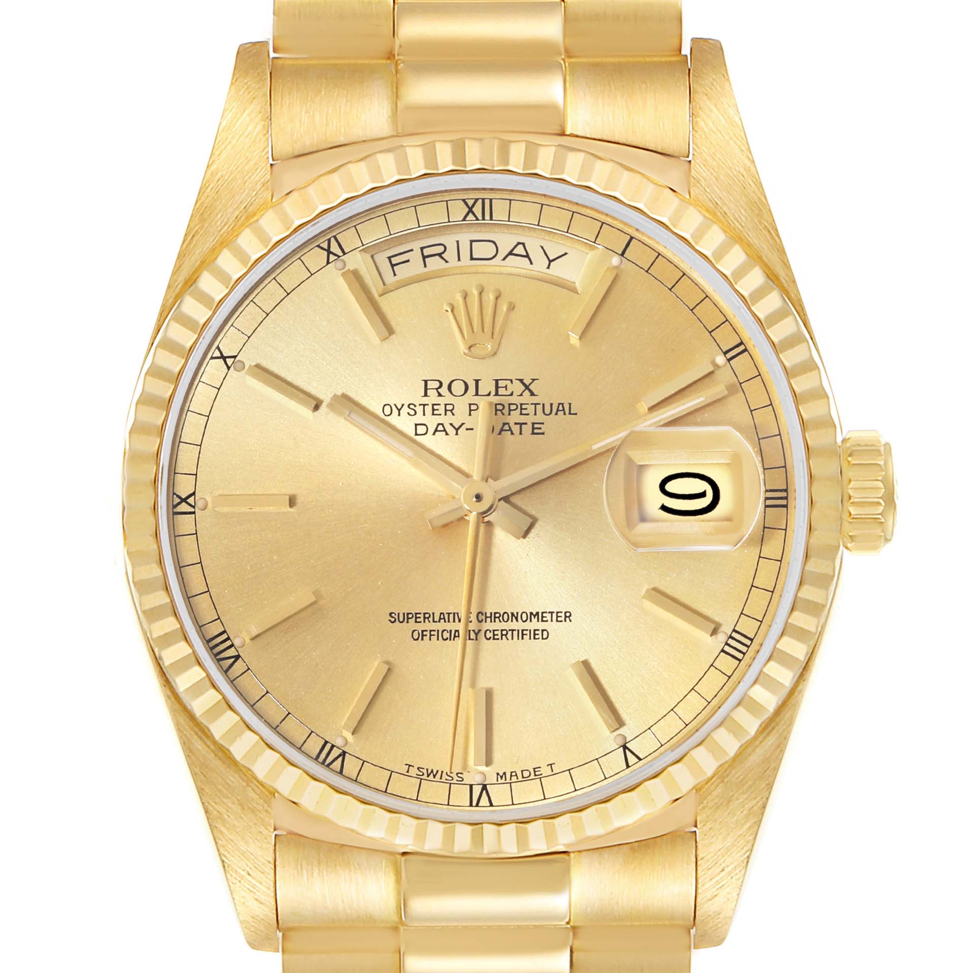 This is a frontal view of a Rolex President 18038 Men
s Yellow Gold Champagne Dial 18038 Men
s Yellow Gold Champagne Dial model watch, displaying the face, bezel, crown, and part of the bracelet.