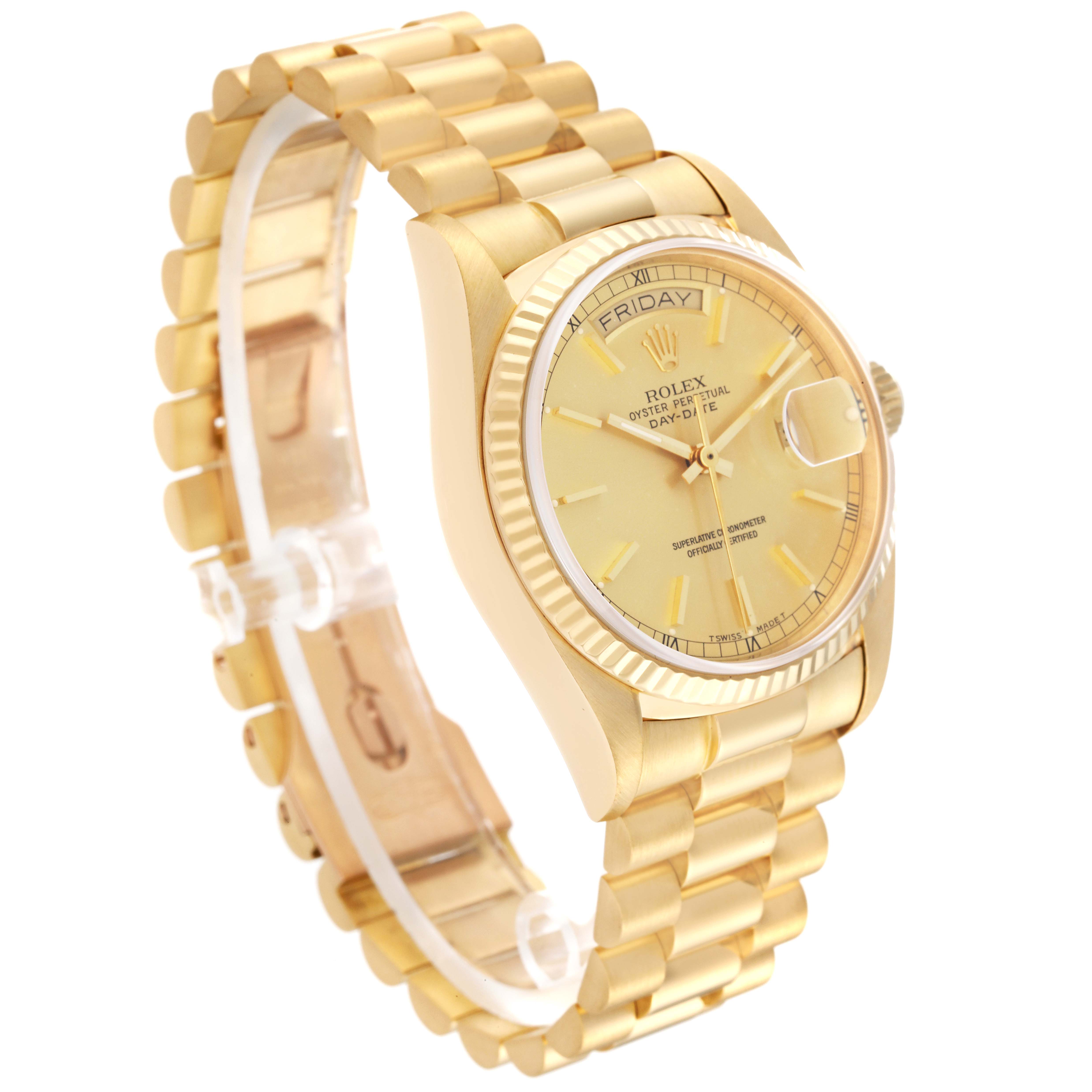 This image shows a Rolex President 18038 Men
s Yellow Gold Champagne Dial 18038 Men
s Yellow Gold Champagne Dial model watch from a three-quarter angle, highlighting the gold bracelet, dial, and fluted bezel.