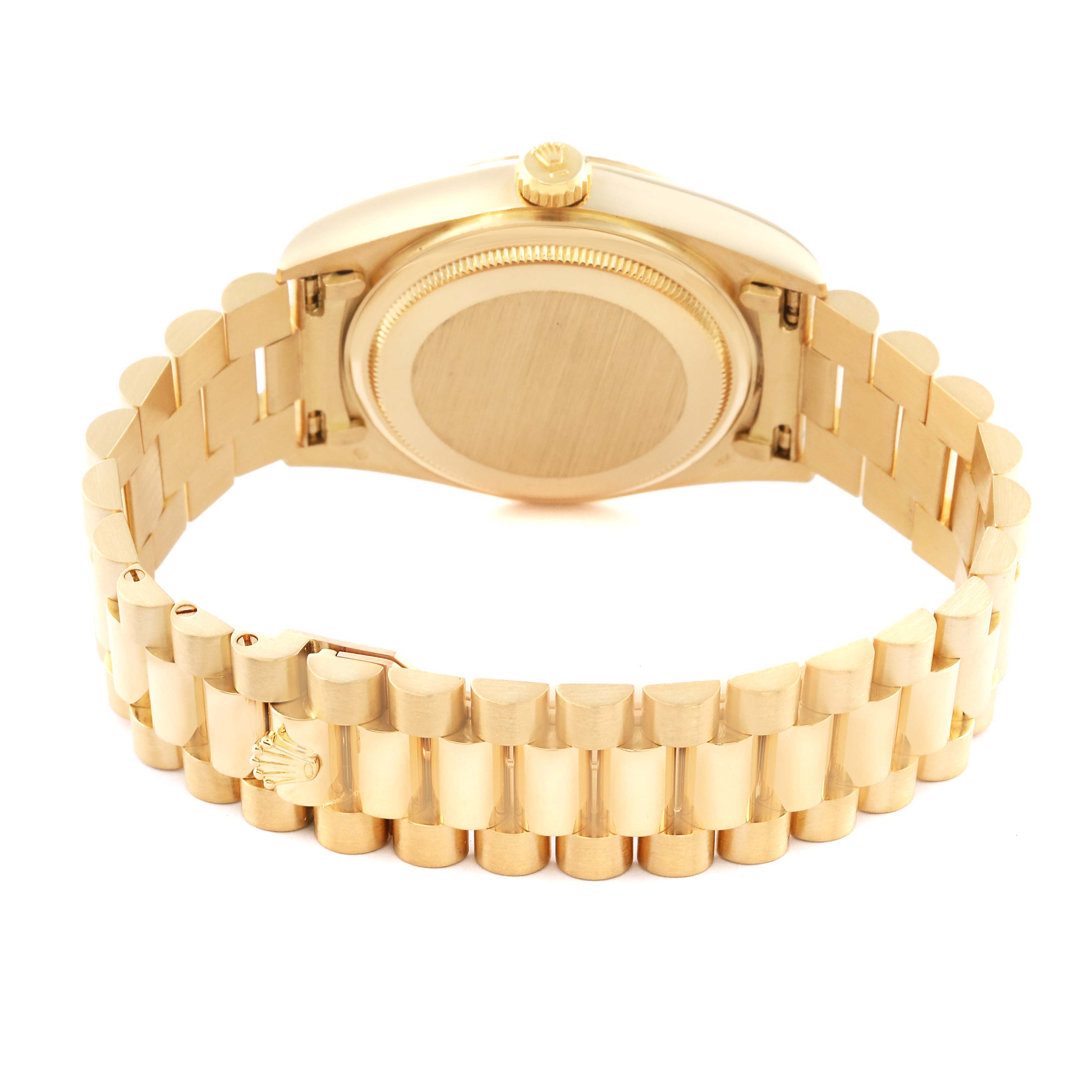 The image shows the back view of a Rolex President 18038 Men
s Yellow Gold Champagne Dial 18038 Men
s Yellow Gold Champagne Dial model watch, highlighting the case back, crown, and bracelet.