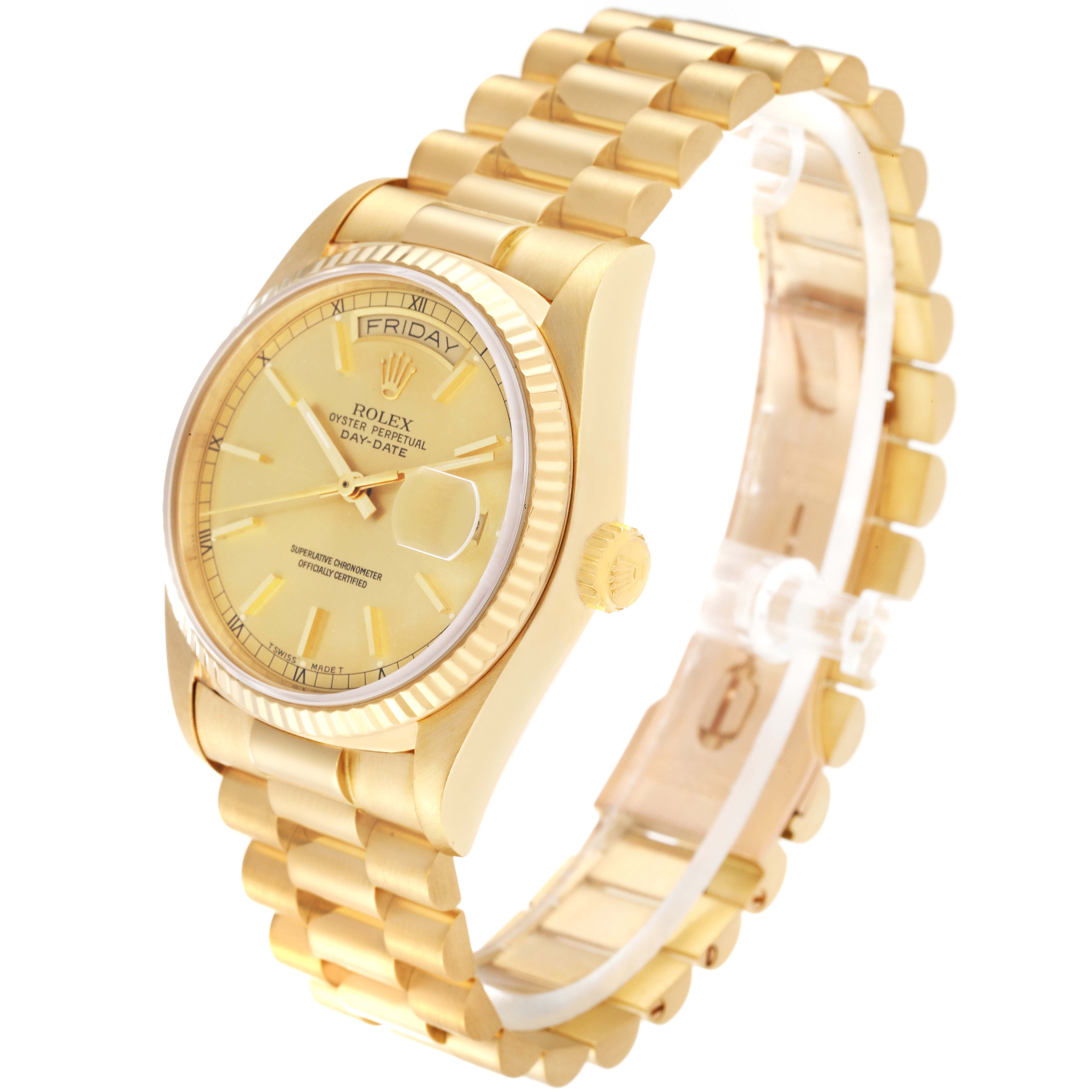The Rolex President 18038 Men
s Yellow Gold Champagne Dial 18038 Men
s Yellow Gold Champagne Dial model is shown at a three-quarter angle highlighting the bracelet, crown, dial, and day/date features.