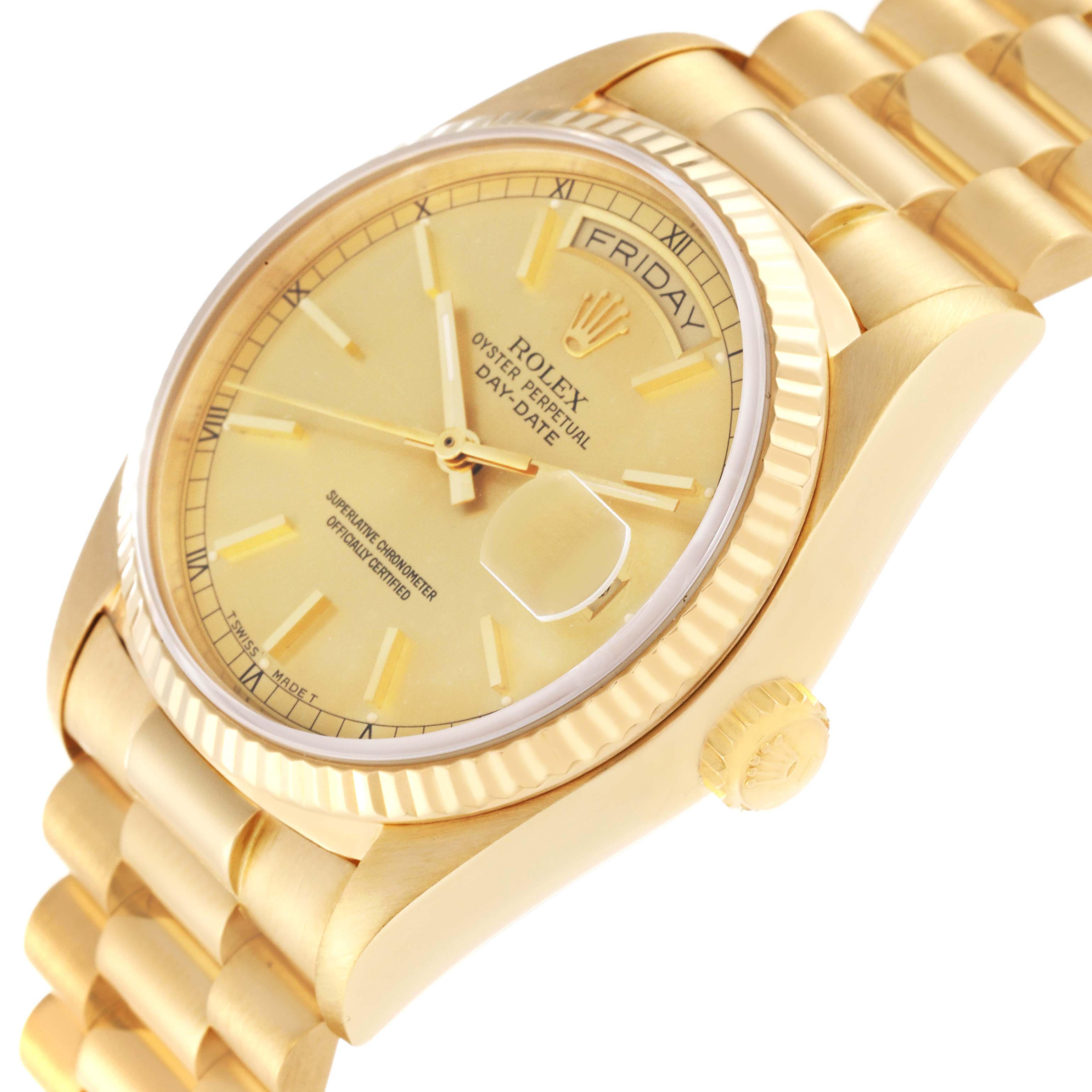 This image shows a close-up, angled view of the Rolex President 18038 Men
s Yellow Gold Champagne Dial 18038 Men
s Yellow Gold Champagne Dial model watch, highlighting its face, crown, and part of the bracelet.