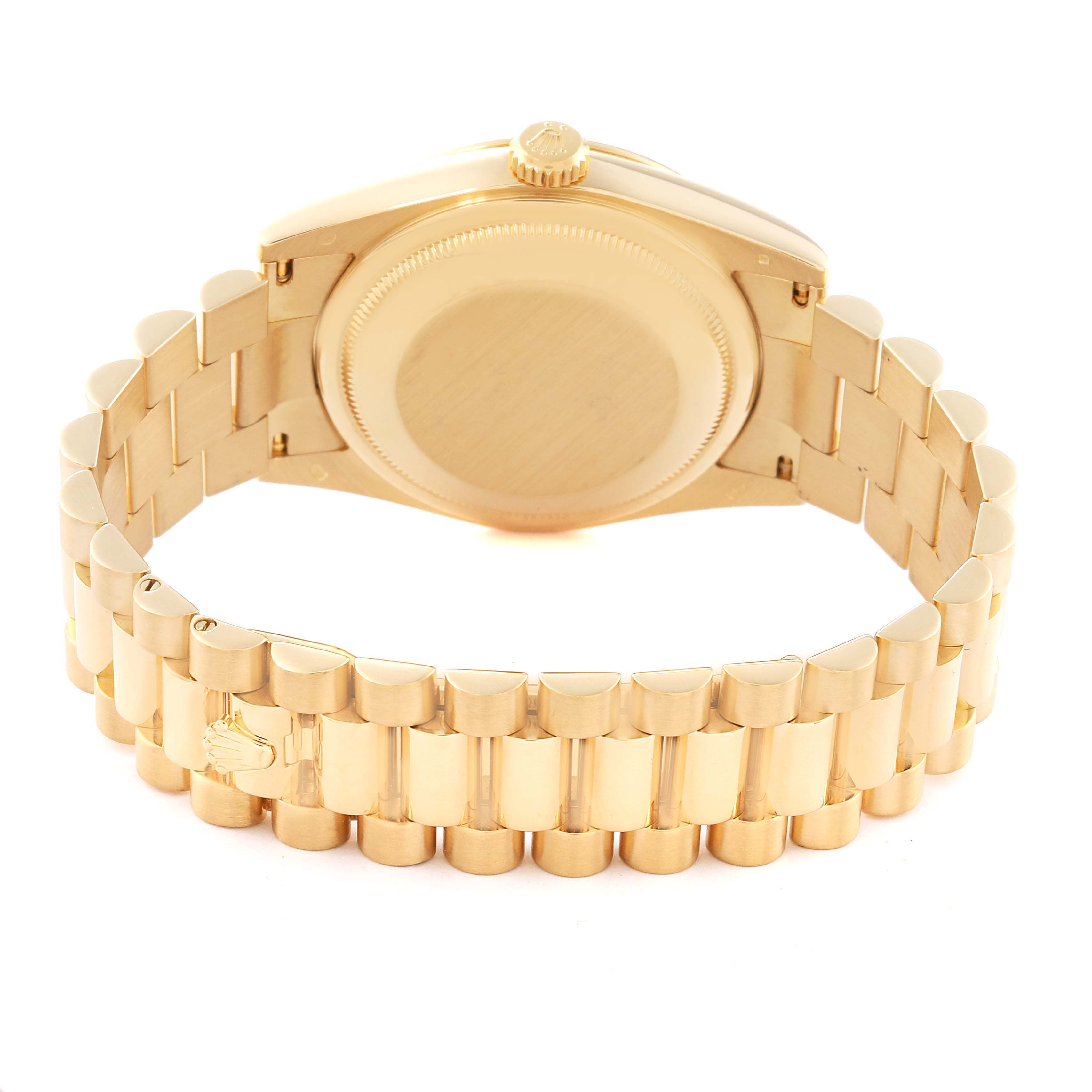The image displays the back view of a Rolex President 118238 Men
s Yellow Gold Champagne Dial 118238 Men
s Yellow Gold Champagne Dial model watch, including the case back and bracelet.