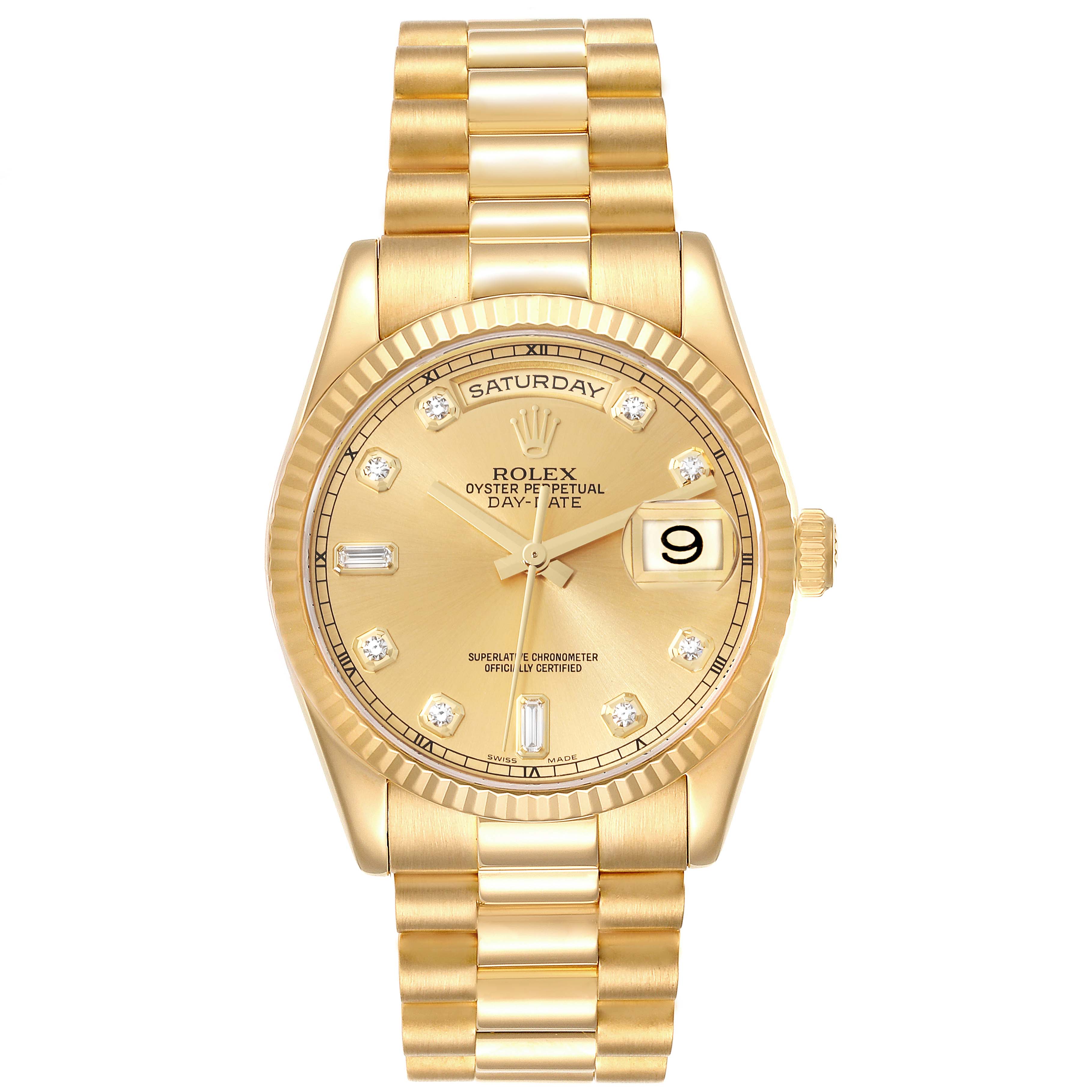 This image shows a frontal view of the President model Rolex watch with a gold bracelet and diamond indices.